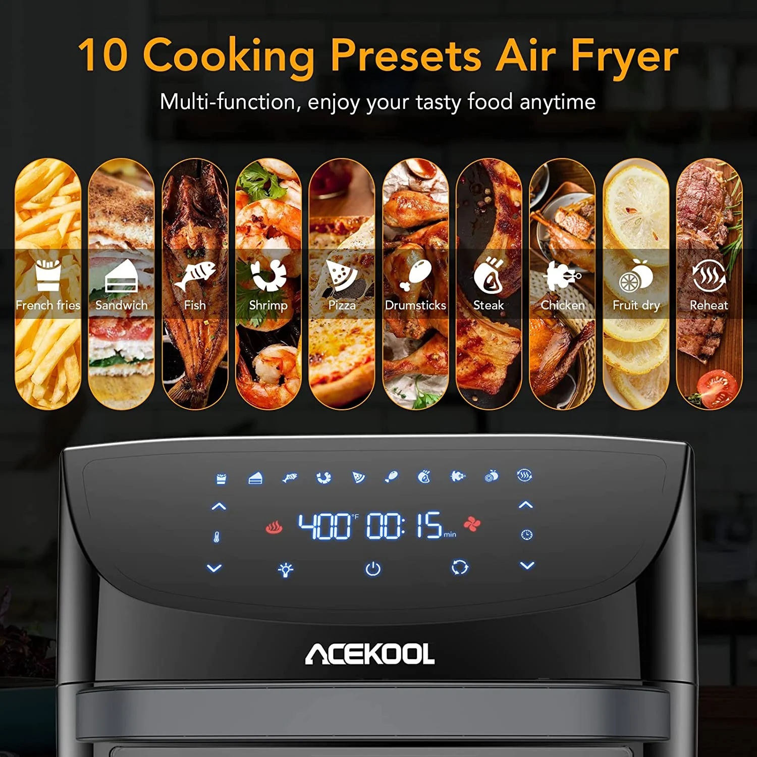 Air Fryer Oven 10-in-1, 20QT Acekool Large Airfryer Toaster Oven Combo 1800W Air Fryers with Rotisserie and Racks, Dehydrator, LED Digital Screen, 9 Accessories and Recipe Cookbook