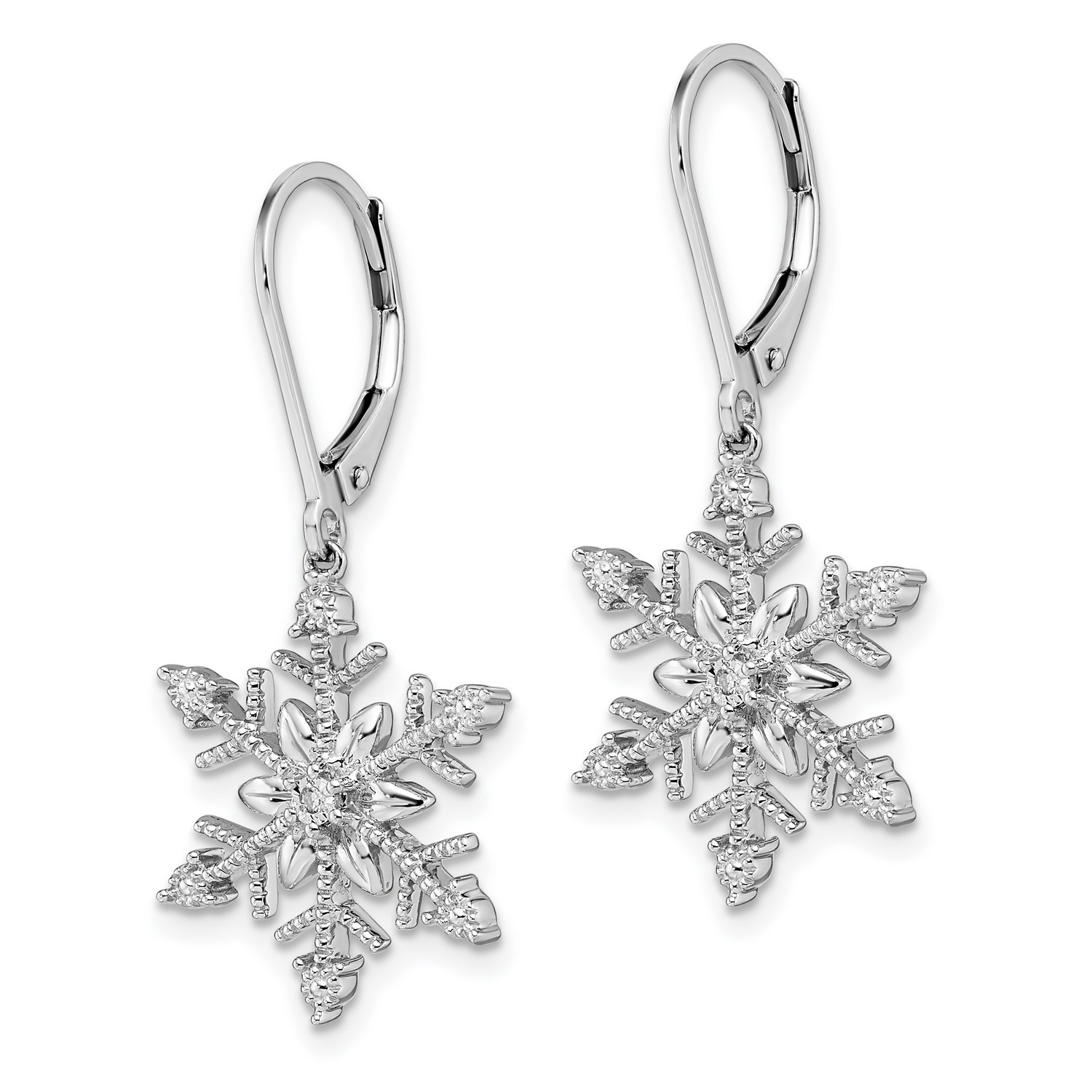 Sterling Silver Diamond Snowflake Leverback Earrings 33.8x16 mm (0.01 cttw, I1-I3 Clarity, I-J Color)