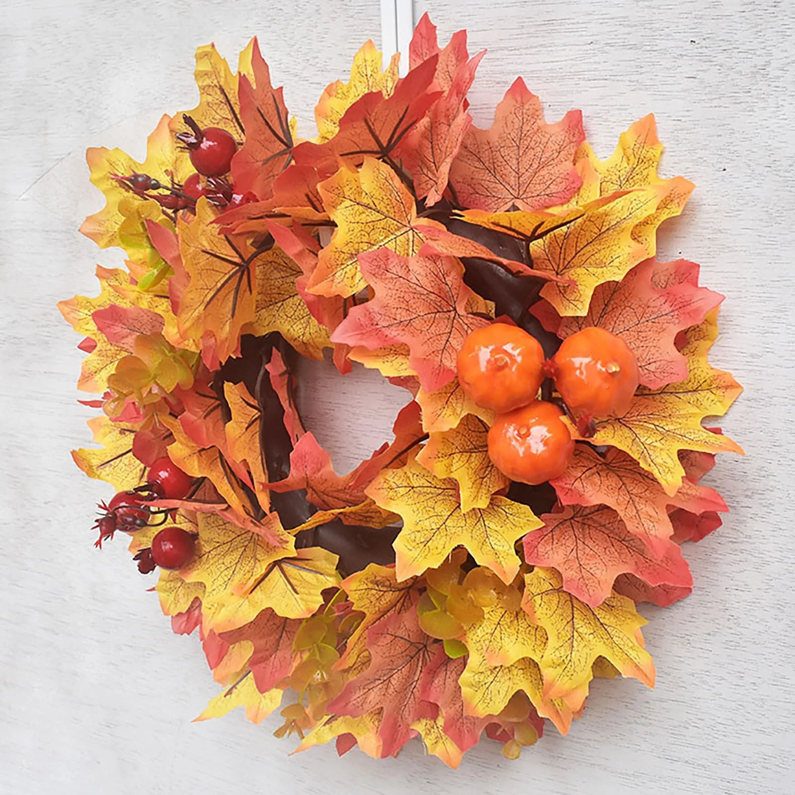 Fridja Fall Wreath with Wooden Sign Artificial Autumn Wreath with Berry and Maple Leaves for Front Door Wall Window Farmhouse and Thanksgiving Day Decor