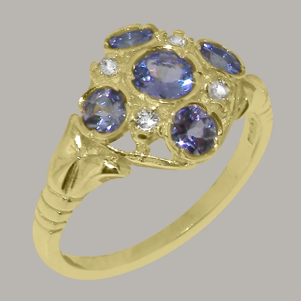 LBG British Made 9k Yellow Gold Natural Tanzanite & Diamond Womens Statement Ring - 33 size options - Size 10
