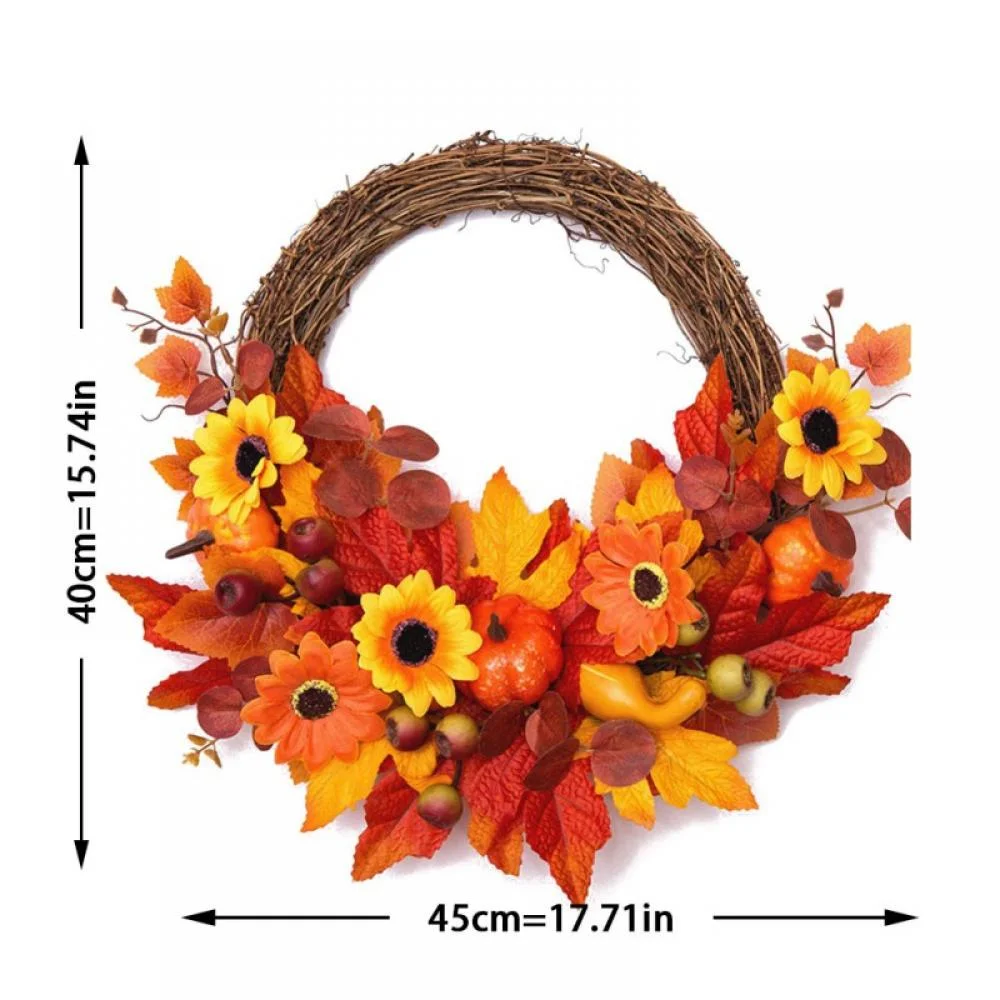 Fall Wreath Halloween Pumpkin Wreaths Yard Front Door Wall Window Hanging Garland Artificial Sunflower Daisy Maple Leaves Fall Harvest Festival Thanksgiving Day Farmhouse Wreath