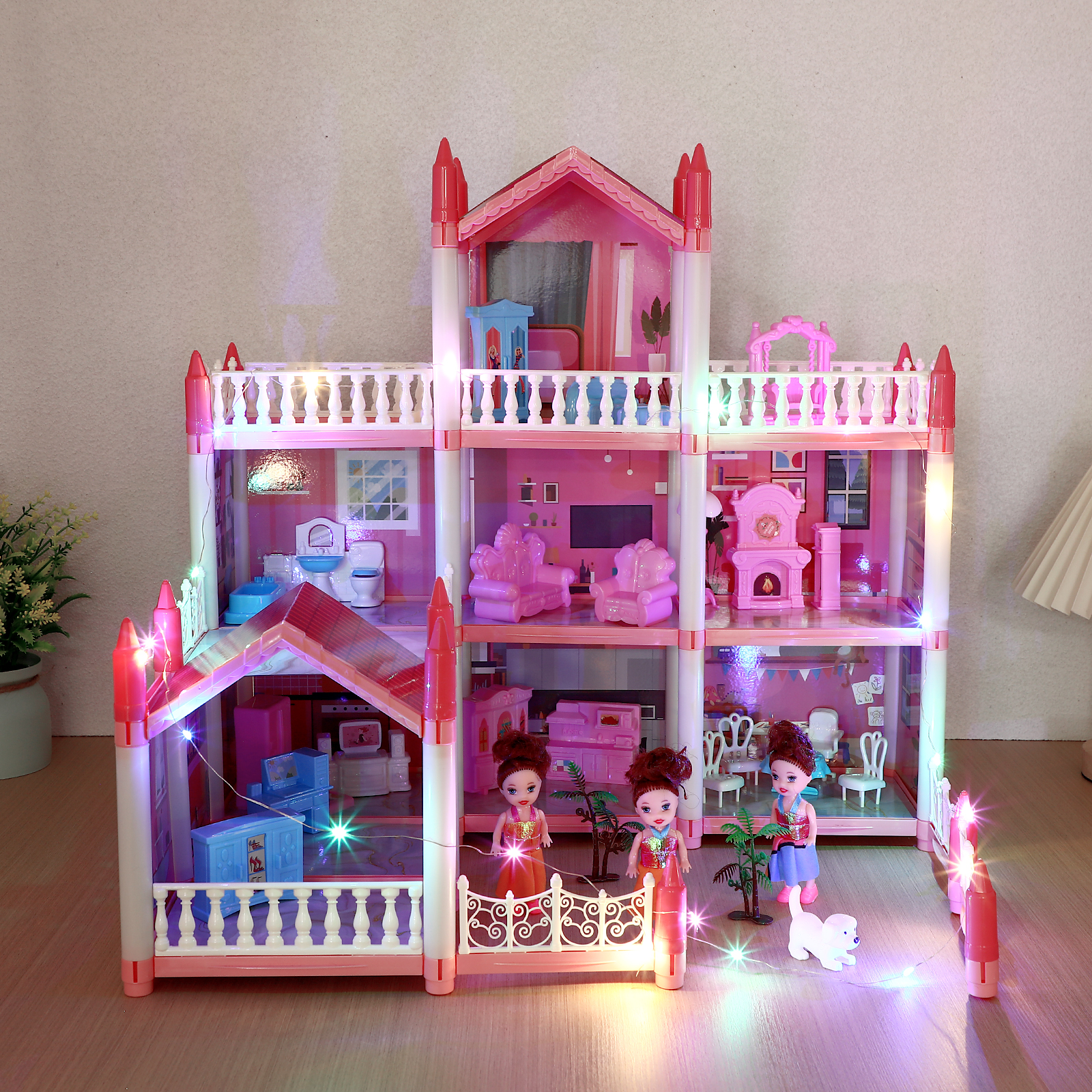 Children's Play House Toy Girl's Imitation Doll 9 Rooms Pink Toys Childrens Princess Mansion Playhouse With Accessories