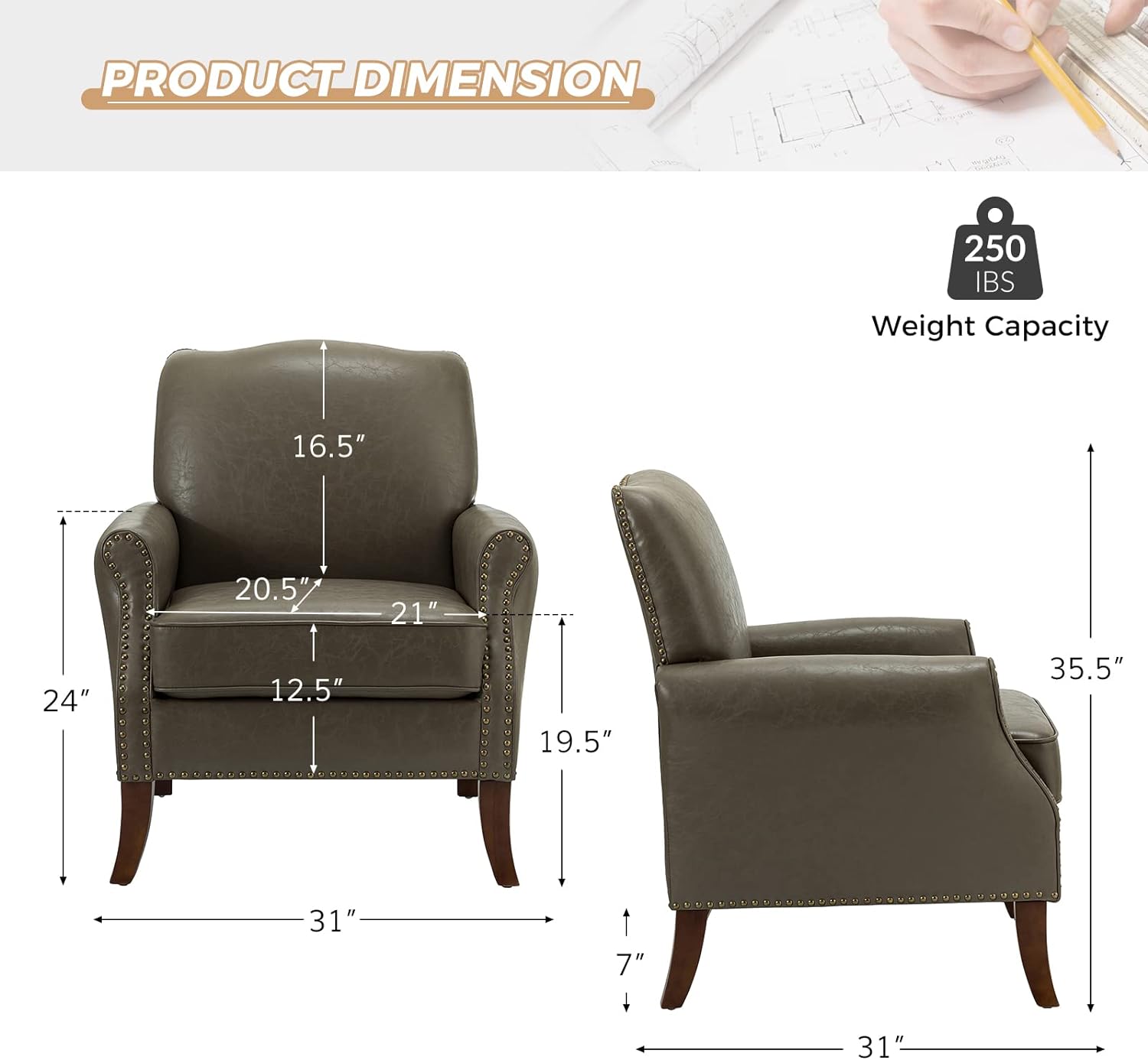 Faux Leather Chair Set Of 2, Century Leather Accent Armchair Upholstered Living Room Chairs With Solid Wood Legs  Nailhead Trim Design For  Office/Bedroom, Grey