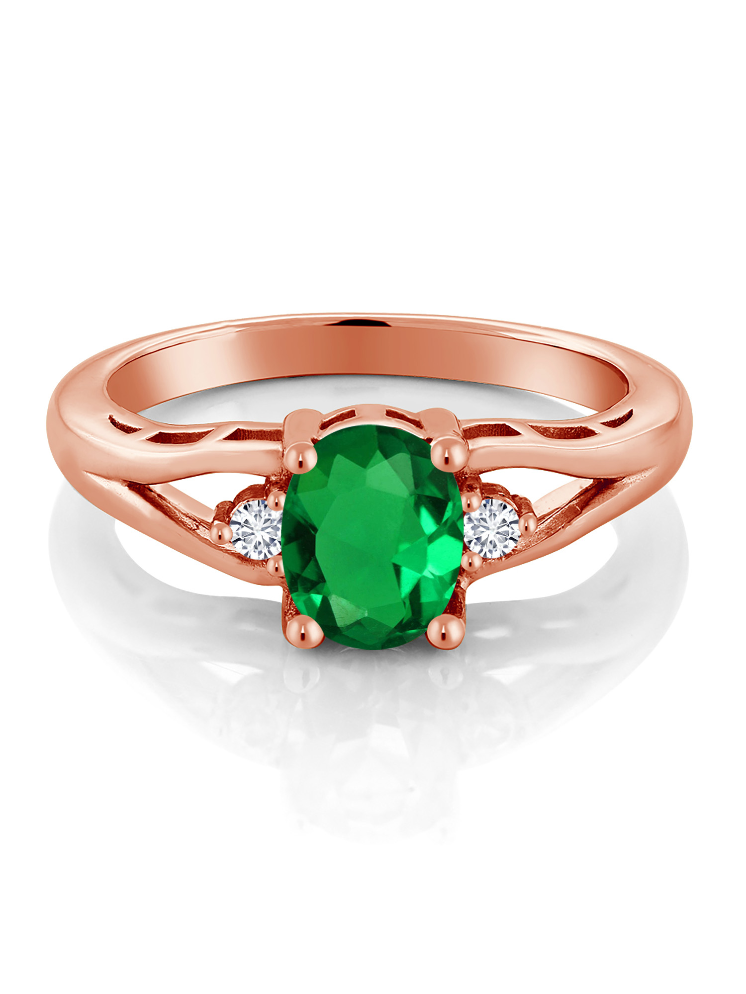 Gem Stone King 18K Rose Gold Plated Silver Green Nano Emerald and White Lab Grown Diamond 3 Stone Engagement Ring For Women | 0.83 Cttw | Oval 8X6MM | Round 2MM | Gemstone May Birthstone | Size 6
