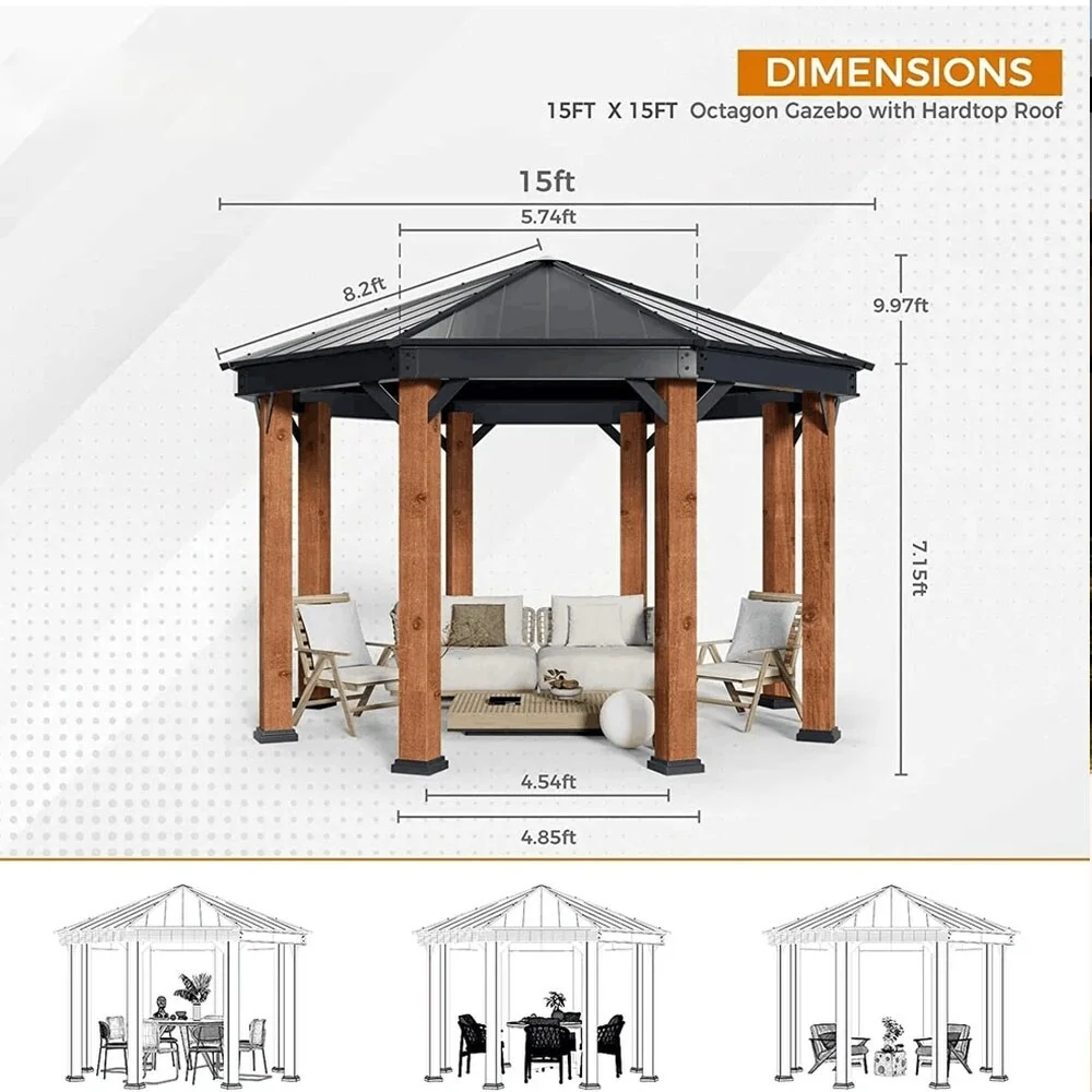 Erommy Outdoor Galvanized Steel Roof Gazebo Pergola w Wooden Coated Alumninum Frame, Privacy Curtains and Nettings Include Single Roof 15' * 15'