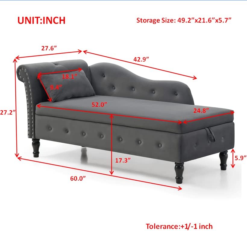 YZboomLife 60" Chaise Lounge Indoor Upholstered  Chaise Lounge Chair with Pillow， Lounge Chair for Living Room Bedroom Legs Solid Wood (Blue)