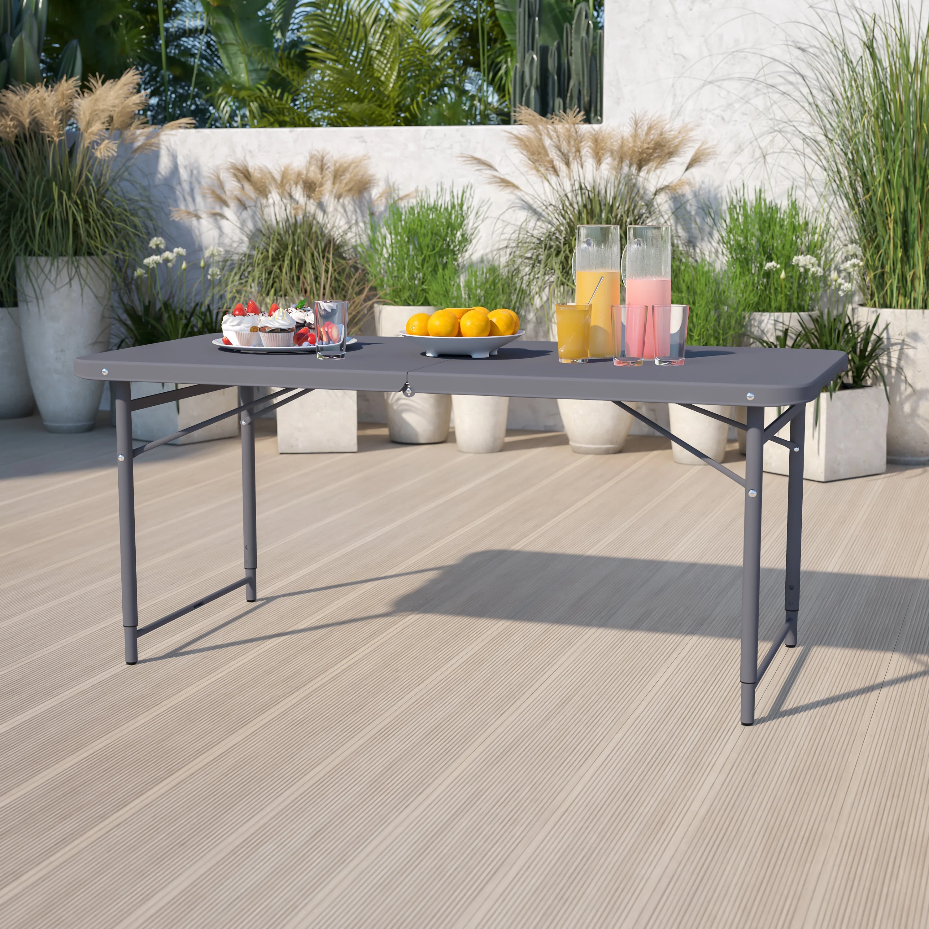 Flash Furniture Mills 4-Foot Height Adjustable Bi-Fold Dark Gray Plastic Folding Table with Carrying Handle