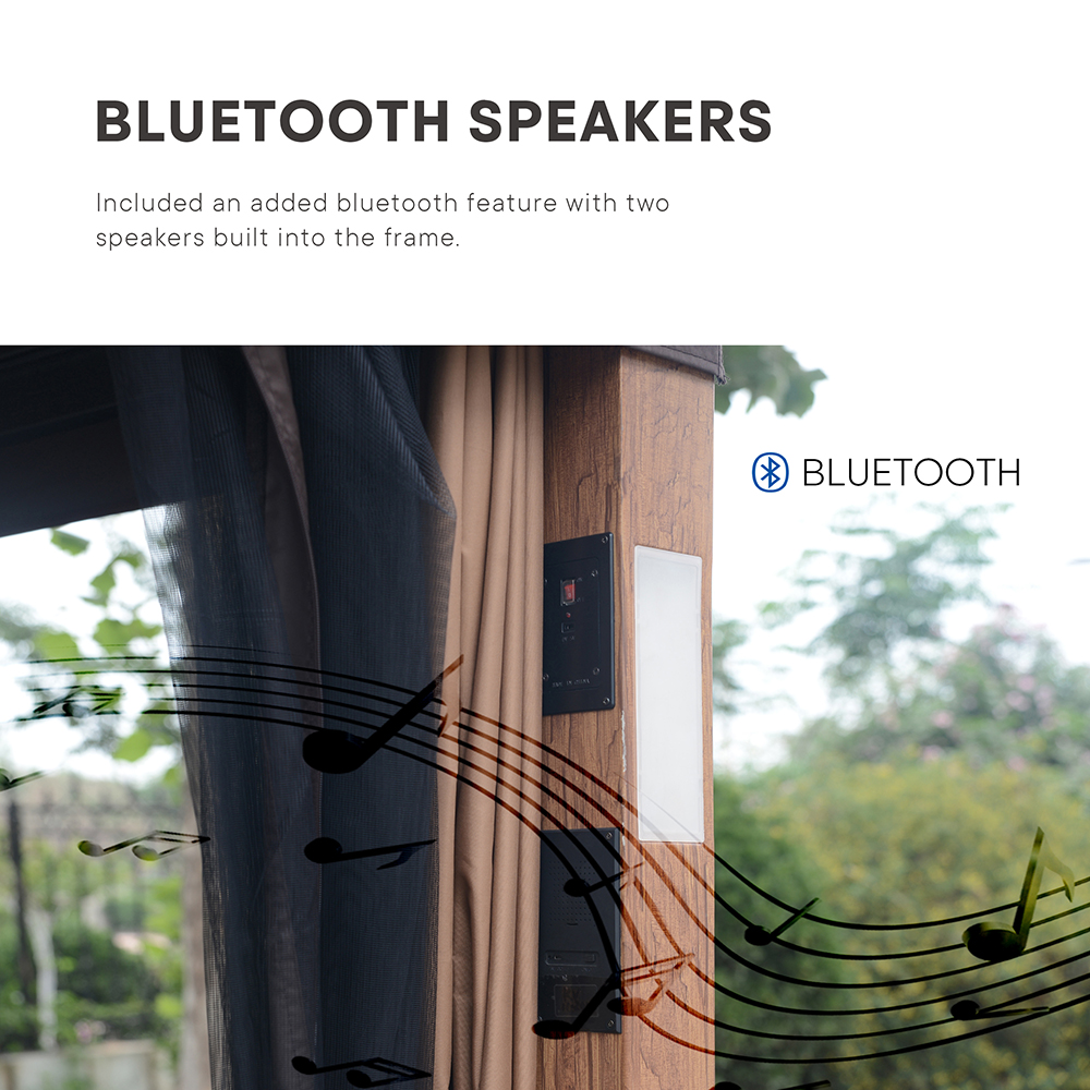 FineFind 10x12 Gazebo Soft Top Outdoor Gazebo Canopy Tent 2-Tier Curtain Double Roof Vented Gazebo with Mosquito Netting, LED Lights, and Bluetooth Speakers, Sand