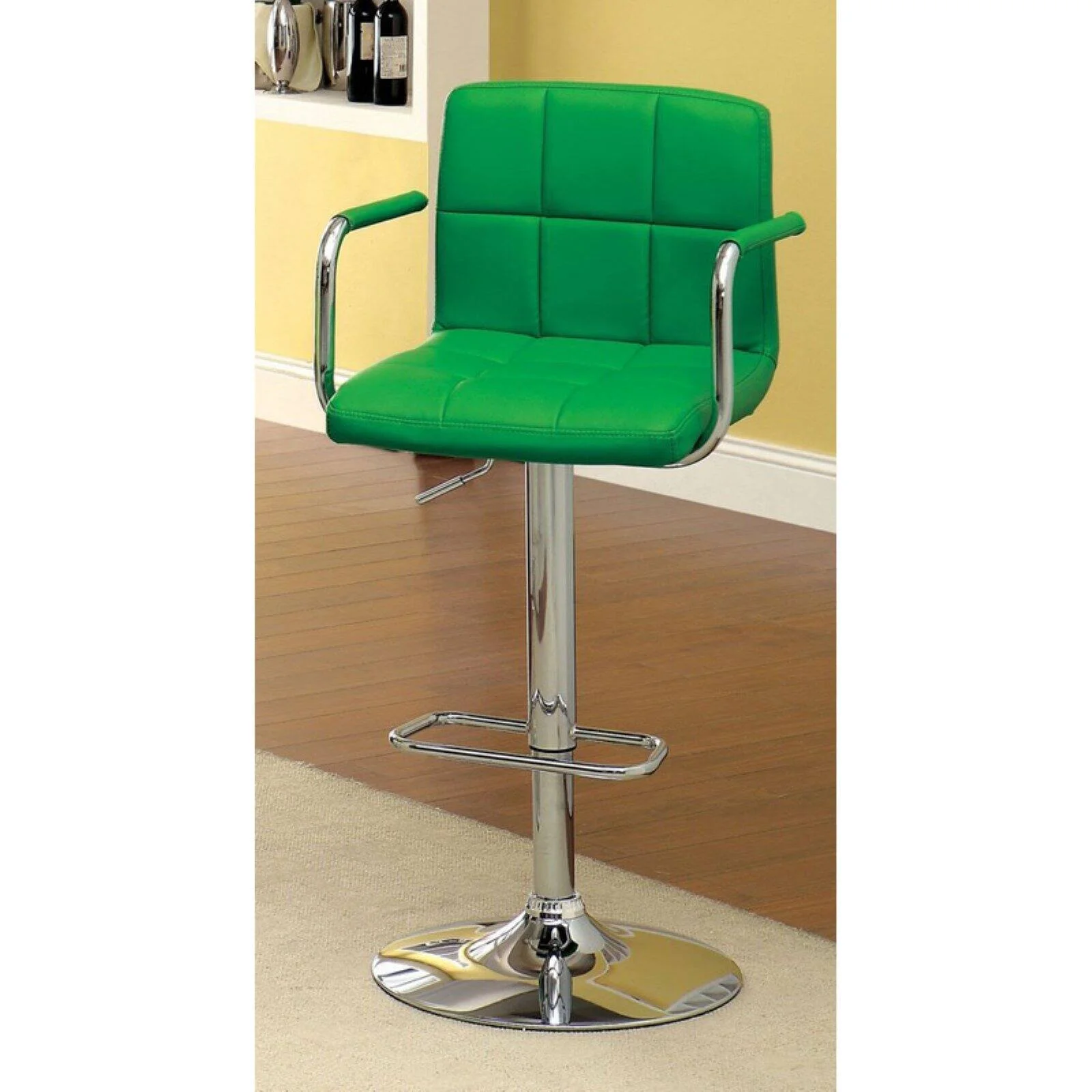 Benzara Leatherette Swivel Barstool with Square Stitched Details, Red and Silver-Color:Orange