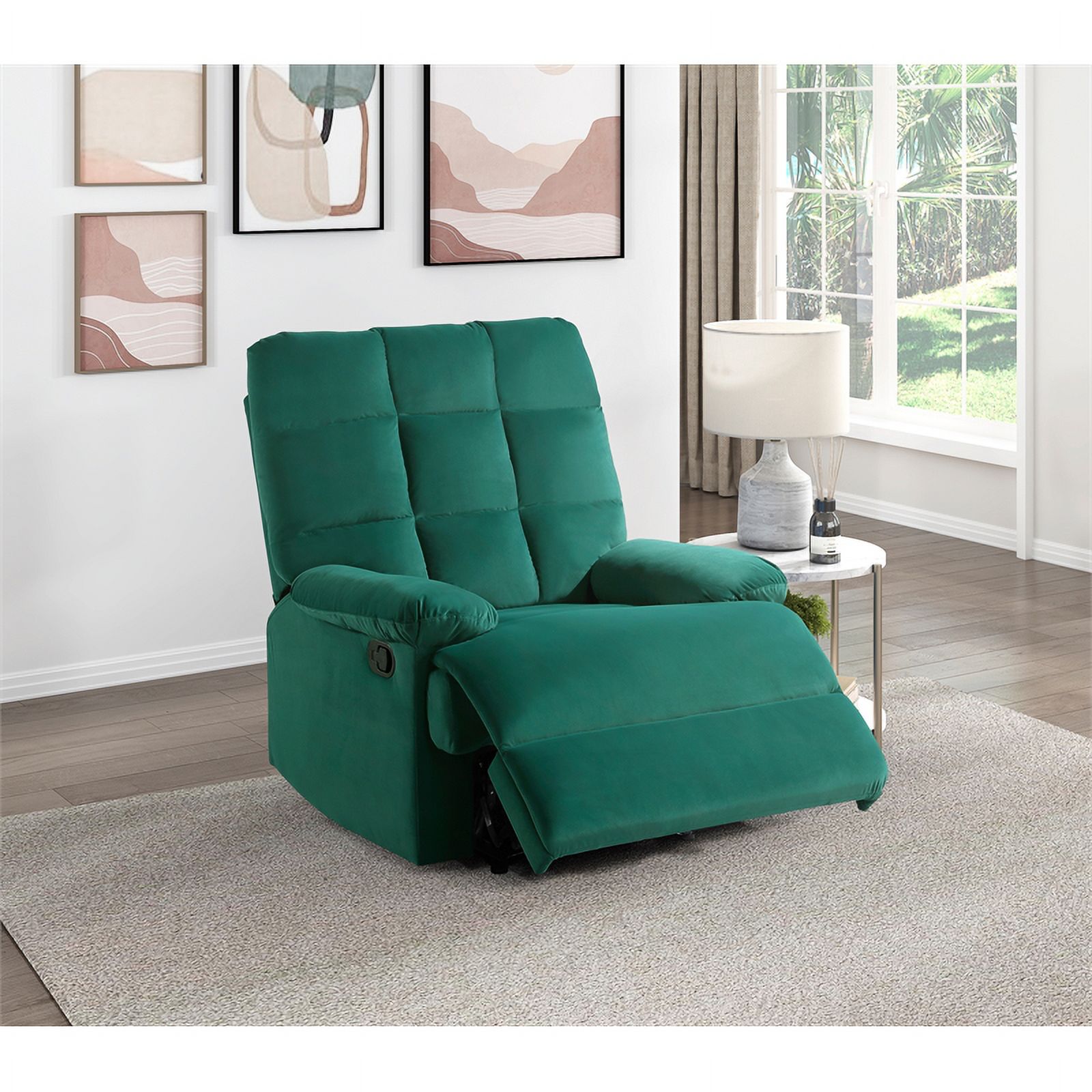 Pemberly Row Upholstered Velvet Fabric Manual Recliner in Green