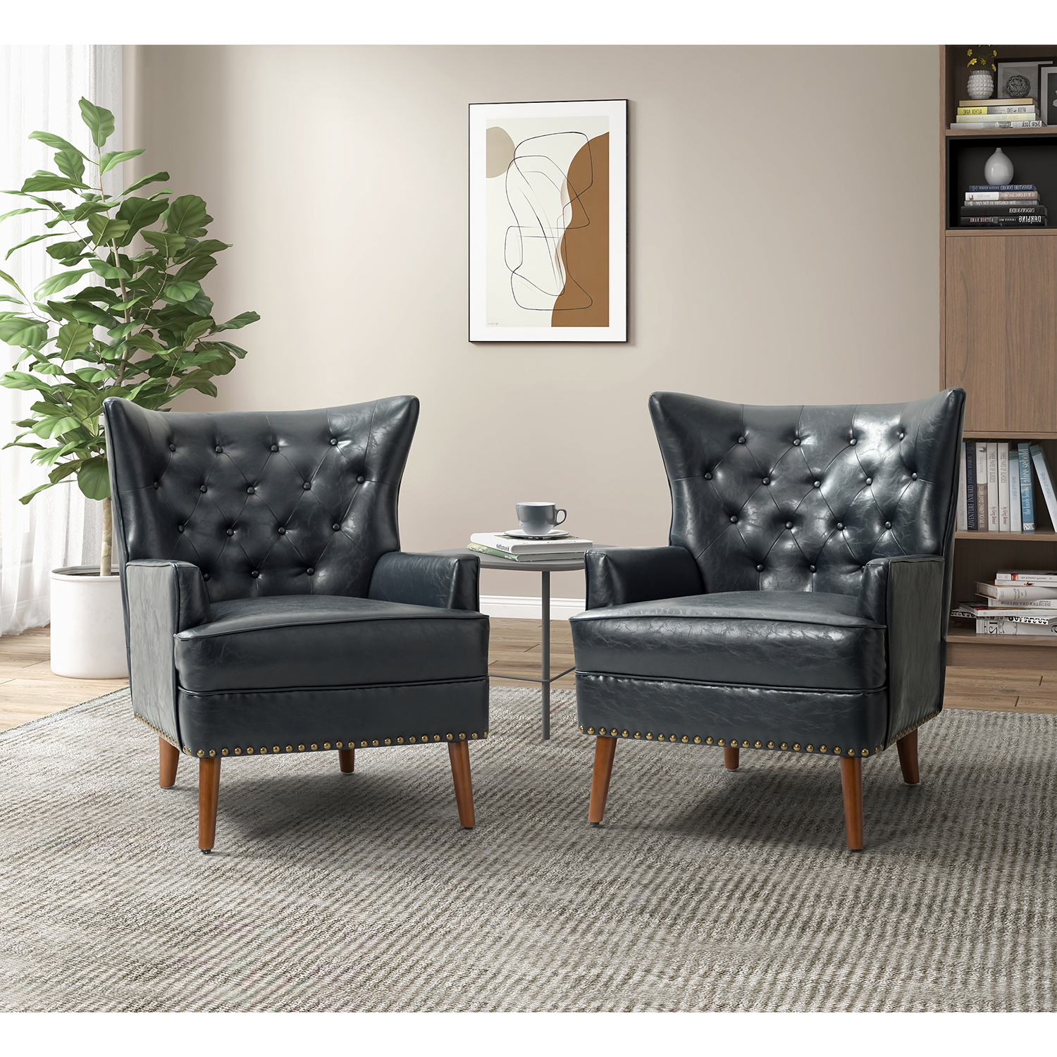 Upholstery Vegan Leather Armchair Set of 2, Tina's Home Wingback Button Tufted Wood Leg Adult Navy