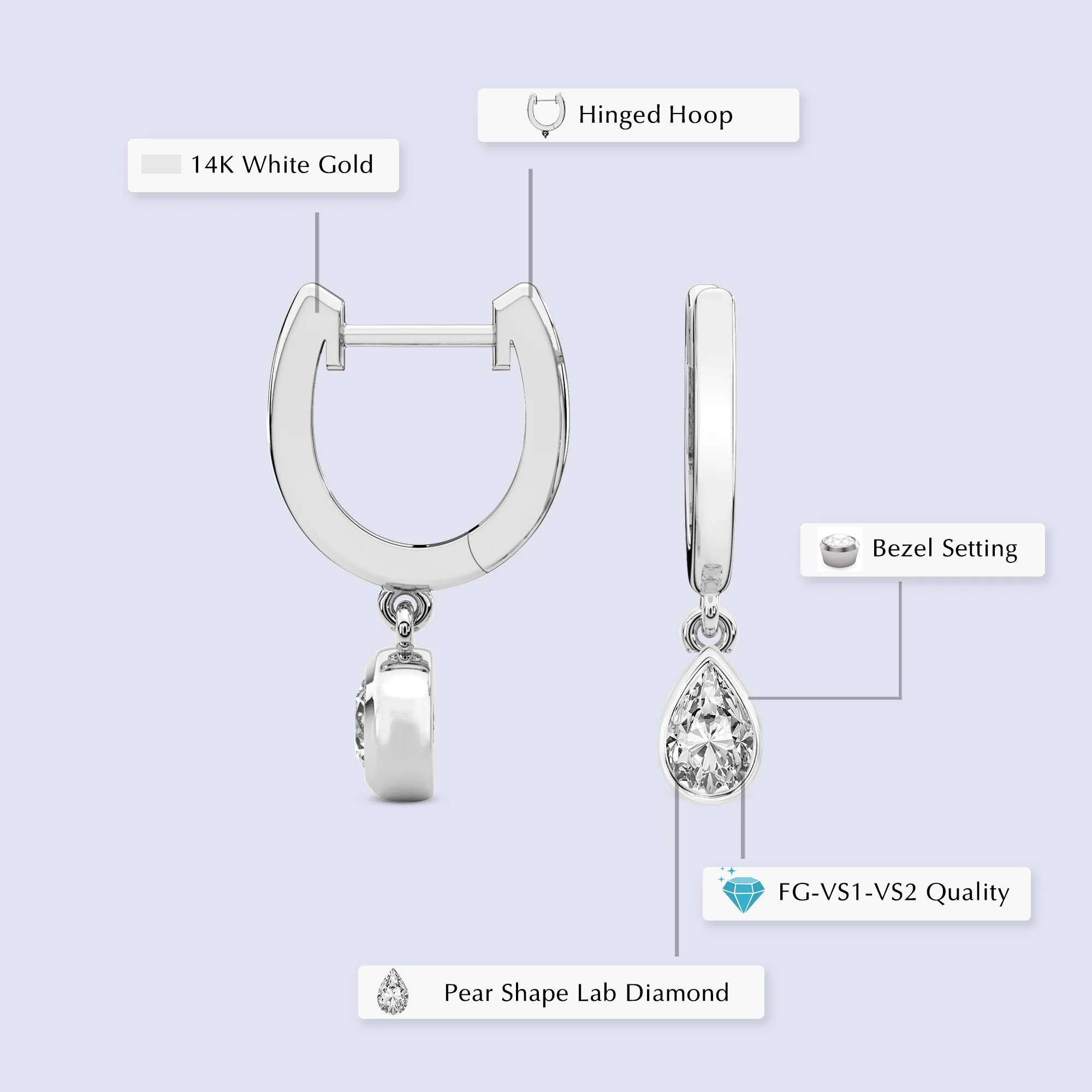 Diamond Dangle Earring | 1 Carat IGI Certified Pear Shape Lab Grown Diamond Dangle | 14K in White Gold | Zuri Bezel Lab Diamond Earrings | Bezel Setting | FG-VS1-VS2 Quality | Friendly Diamonds