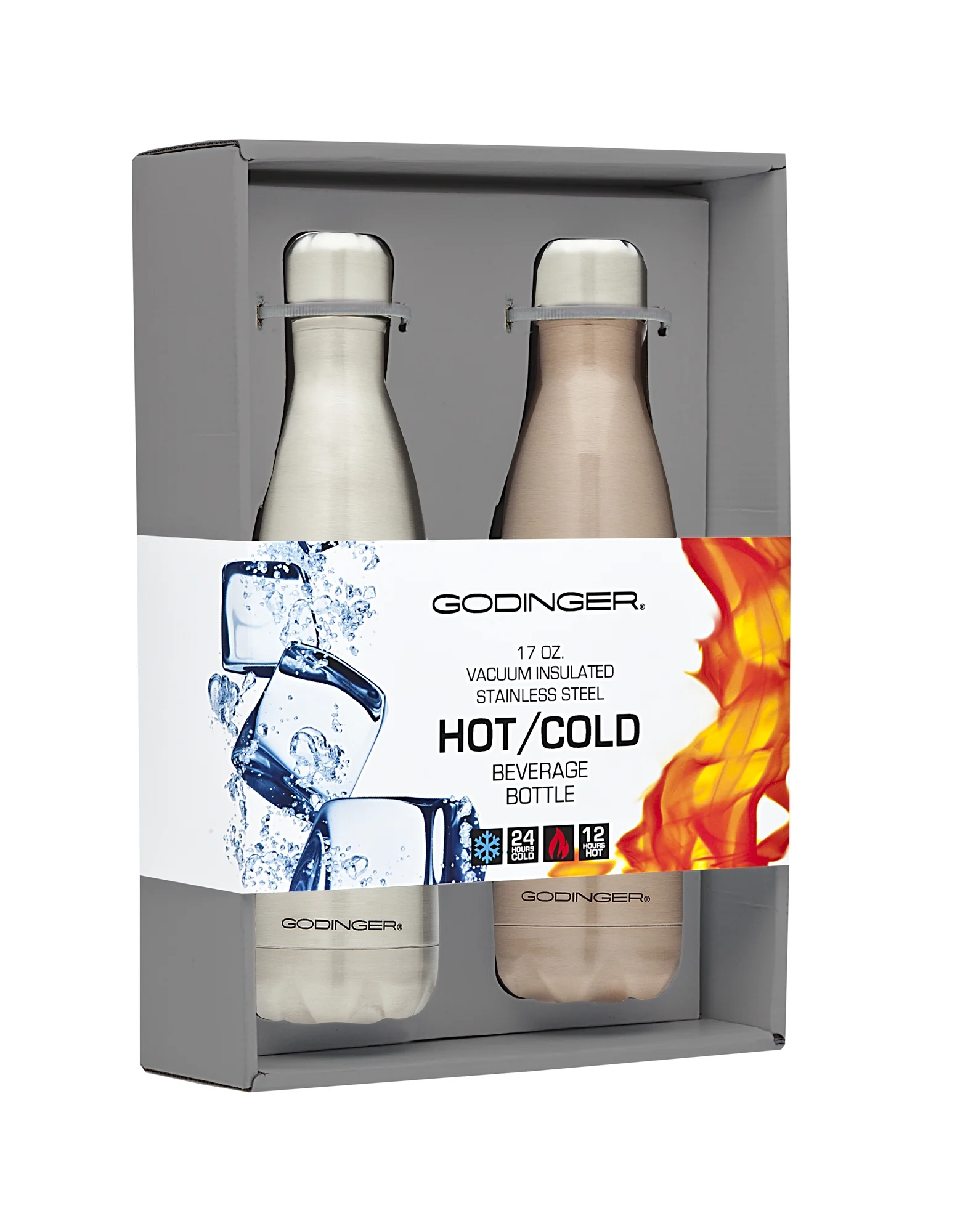 Godinger 17 oz. Hydration Water Bottle set of 2, Stainless & Rose Gold