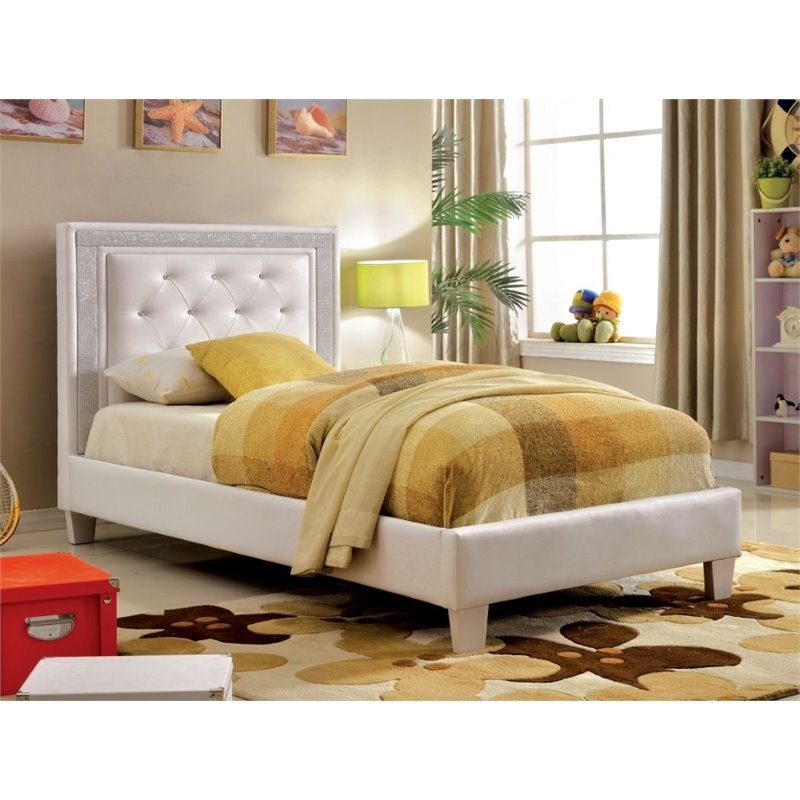 Roseberry Kids Contemporary Faux Leather Twin Tufted Platform Bed in White