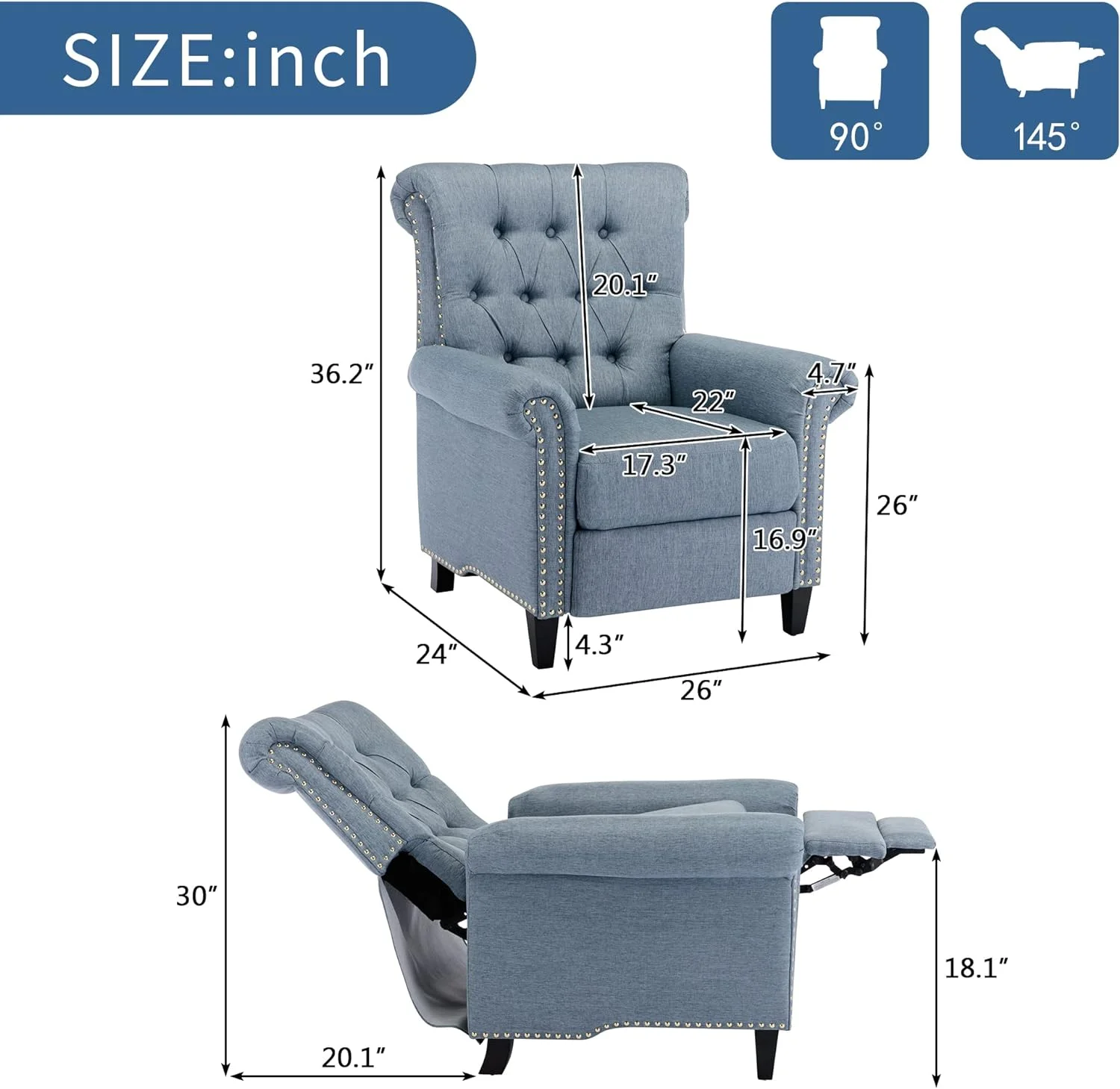 Pushback Linen Tufted Recliner Single Sofa With Nailheads Roll Arm For Living Room, Bedroom, Office, Blue