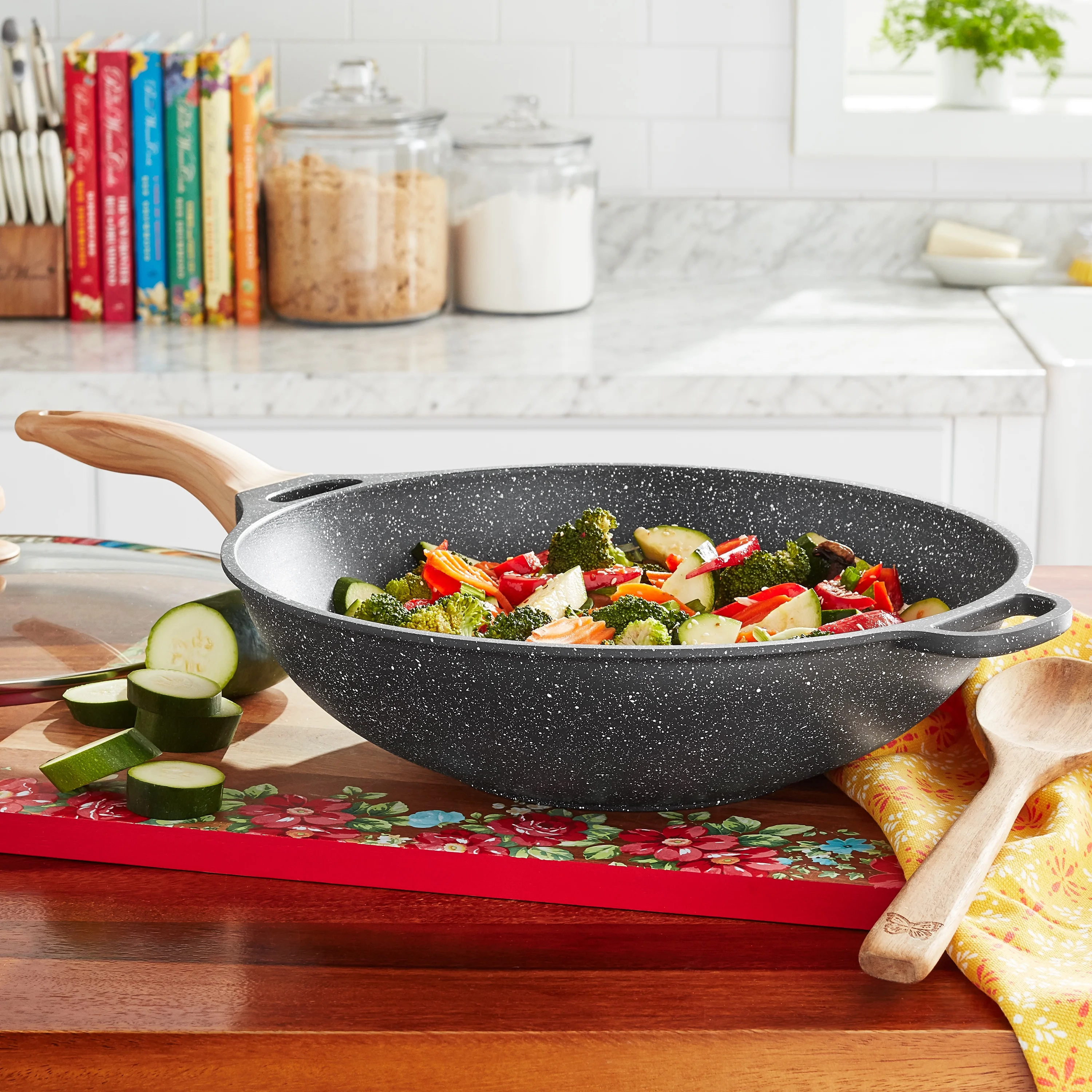 The Pioneer Woman Prairie Signature 14-Inch Cast Aluminum Wok, Charcoal Speckle