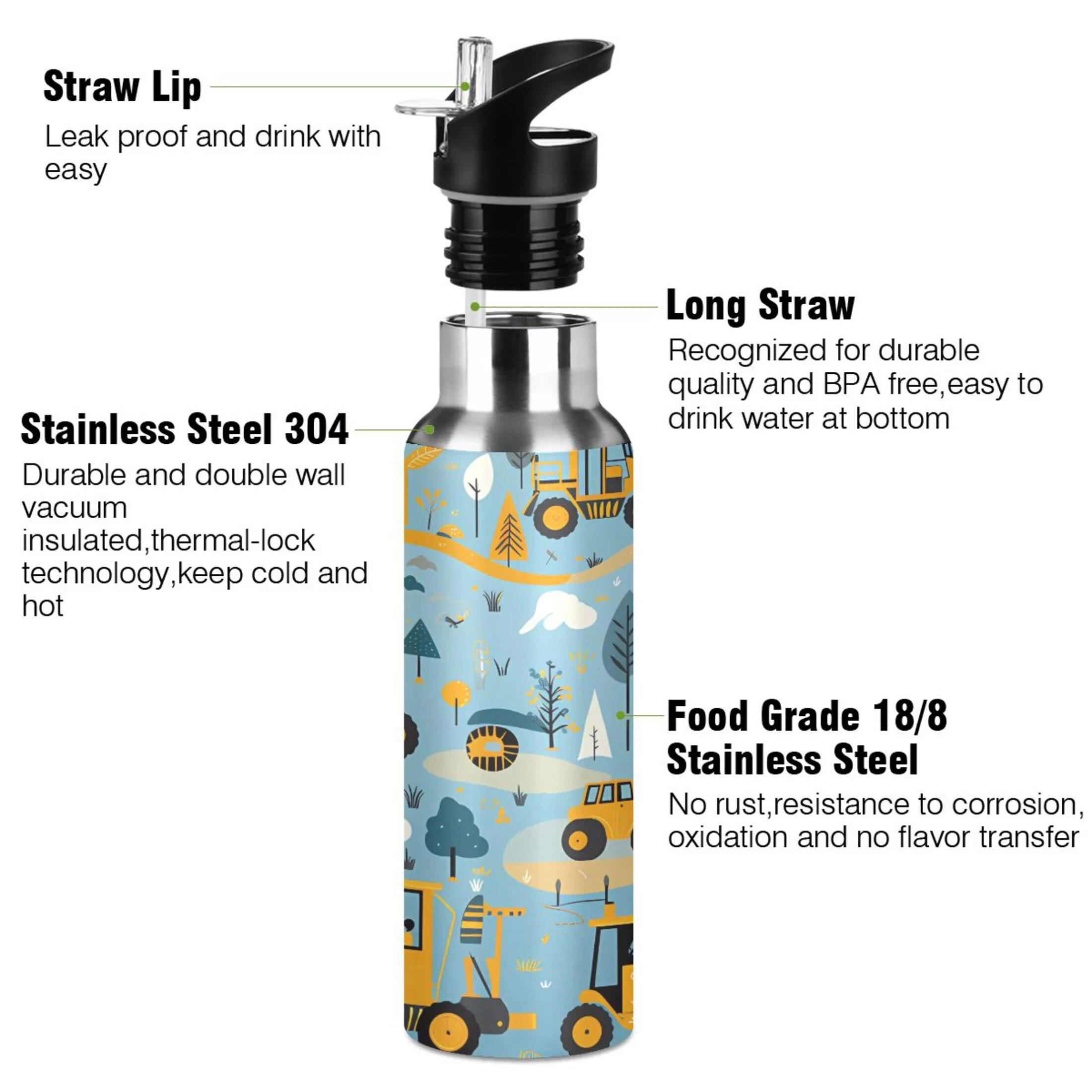 Water Bottle with Straw Lid Leak Cartoon Truck Blue Stainless Steel Insulated Thermos Vacuum Flask for Cold Hot Drinking for Sports Camping Gym Yoga