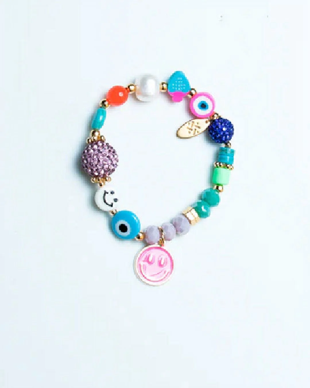By Fabrizio Design Aurora Manarola Smiley Face, Sky Blue Nazar, Royal Blue & Lavender Fireball Charms Elastic Bracelet for Women
