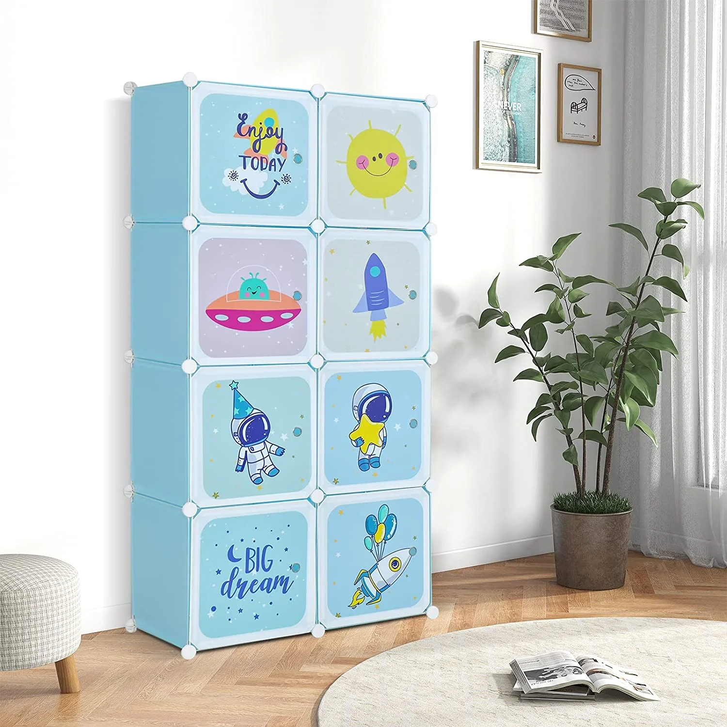 INFANS Children Wardrobe, Kid Closet Portable Baby Dresser Cute for Kids Bedroom Nursery Armoire with Doors 8 Cube 2 Hanging Sections, Kid Clothes Storage Organizer (8 Cube)