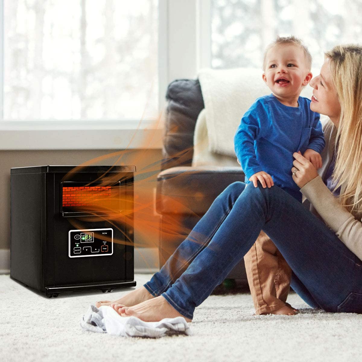 Infrared Electric Space Heater with Remote Control, 1500W Portable Room Heater with Digital Thermostat and Timer, Tip-over & Overheated Protection