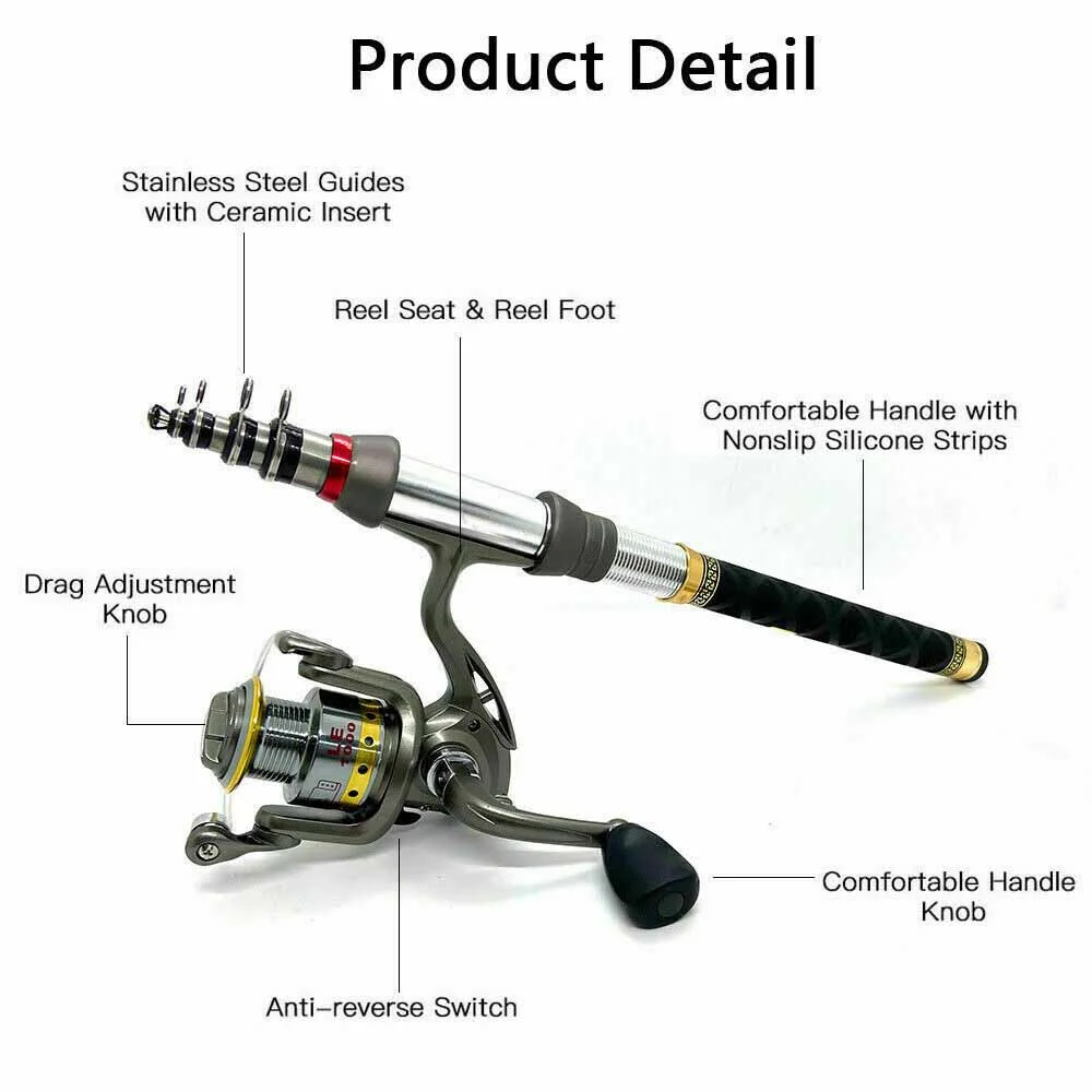 4.9ft Telescopic Fishing Rod Pole Spinning Reels Combos Full Kit with Bag 100M Line