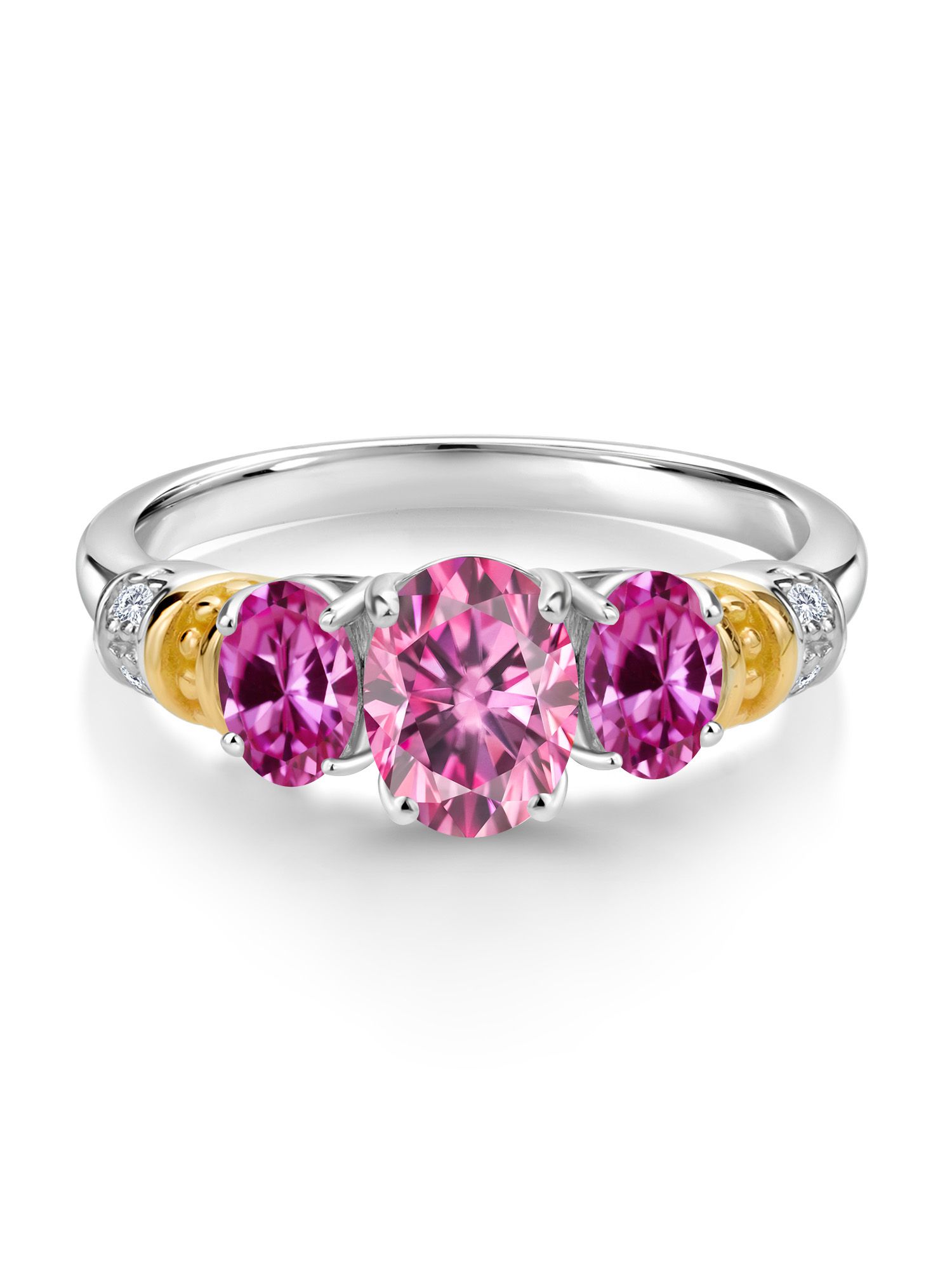925 Sterling Silver and 10K Yellow Gold Oval Pink Moissanite Pink Created Sapphire and White Diamond 3 Stone Ring For Women (2.41 Cttw, Gemstone Birthstone, Available In Size 5, 6, 7, 8, 9)