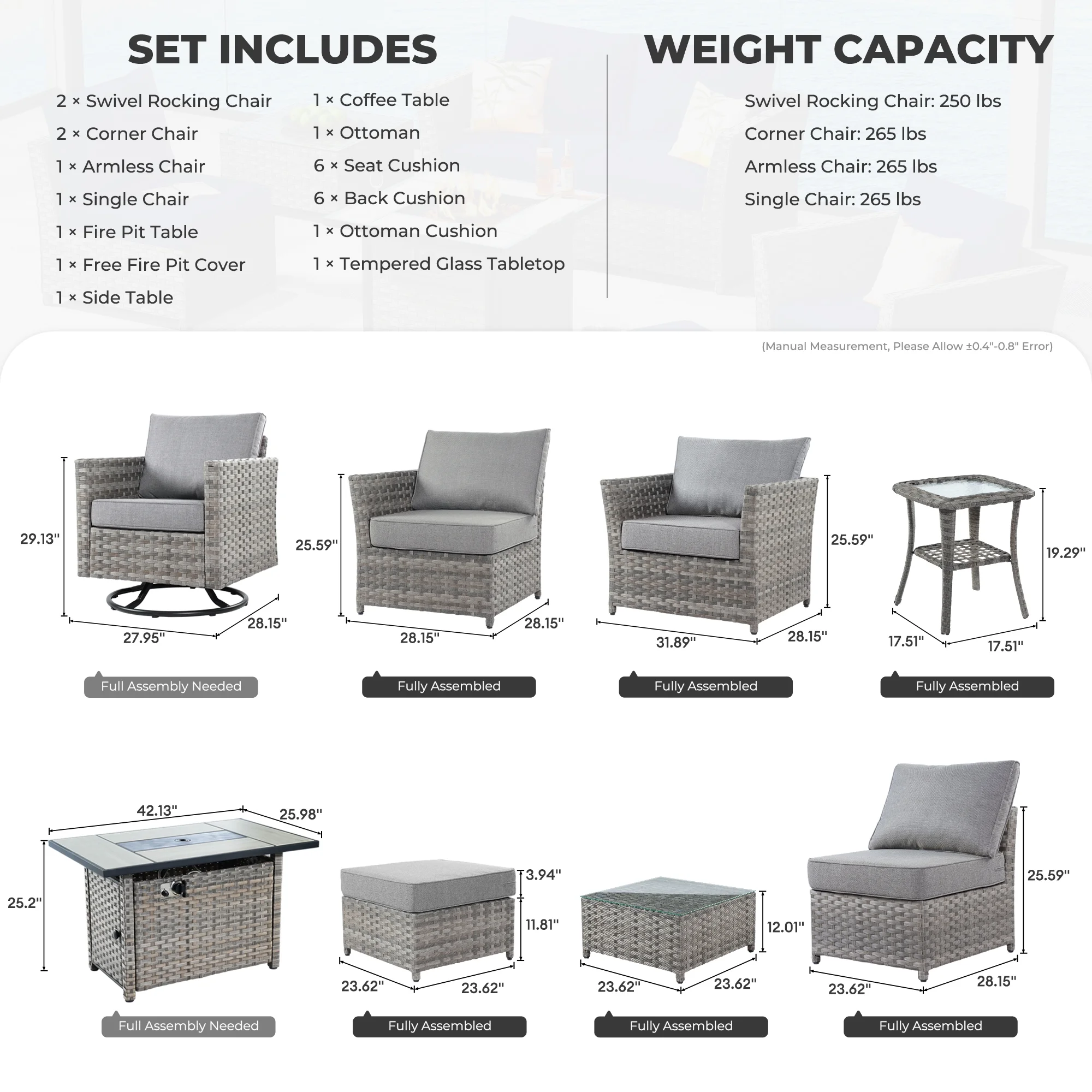 HOOOWOOO Wicker Sectional Patio Set 10 Pieces Outdoor Conversation furniture Set with Sofa Chairs Ottoman Gas Fire Pit Swivel Rocking Chairs,Grey
