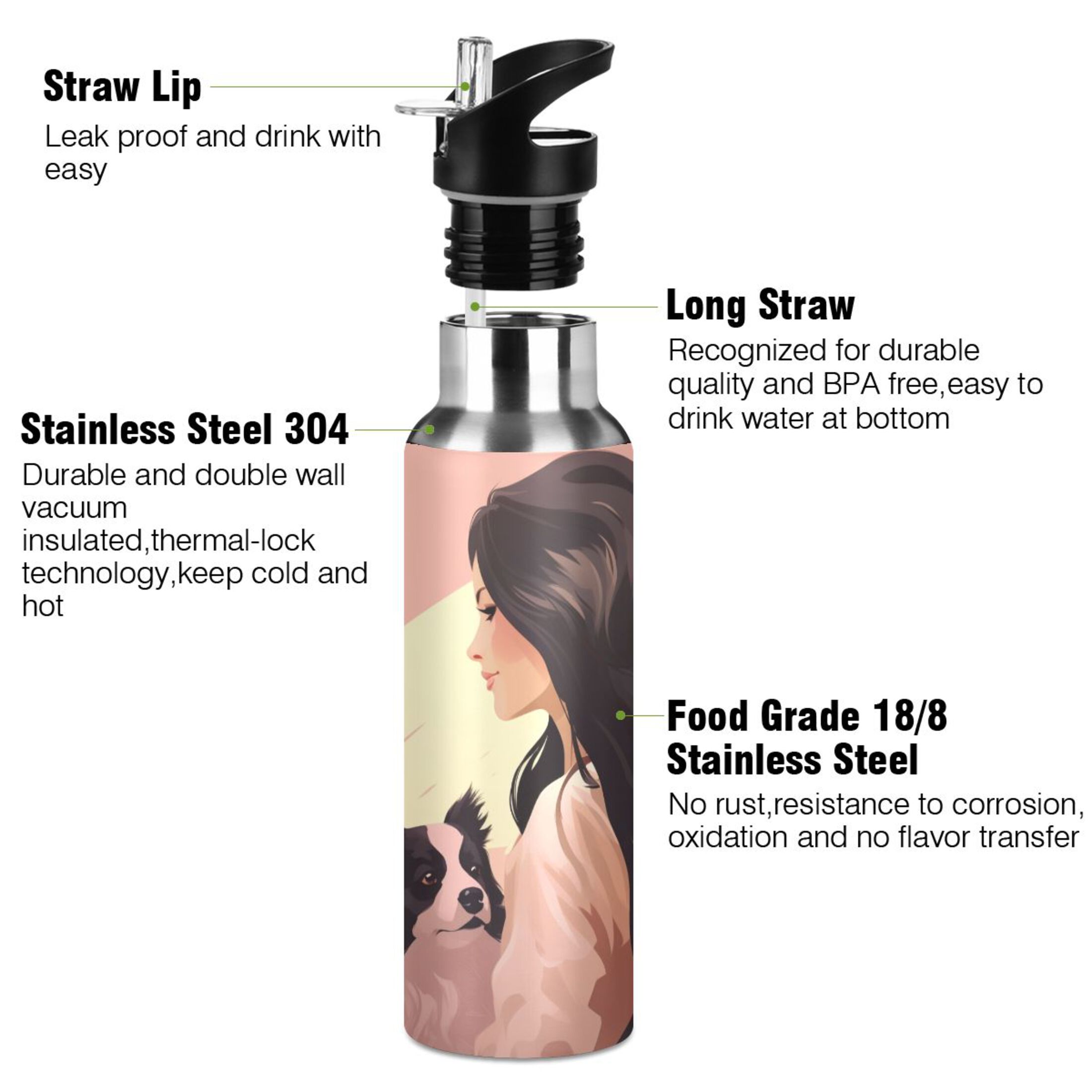 Girl with Dog Water Bottles Insulated Thermos Kids Stainless Steel Bottle with Straw Lid Flask Leakproof for Sports Gym 20 oz