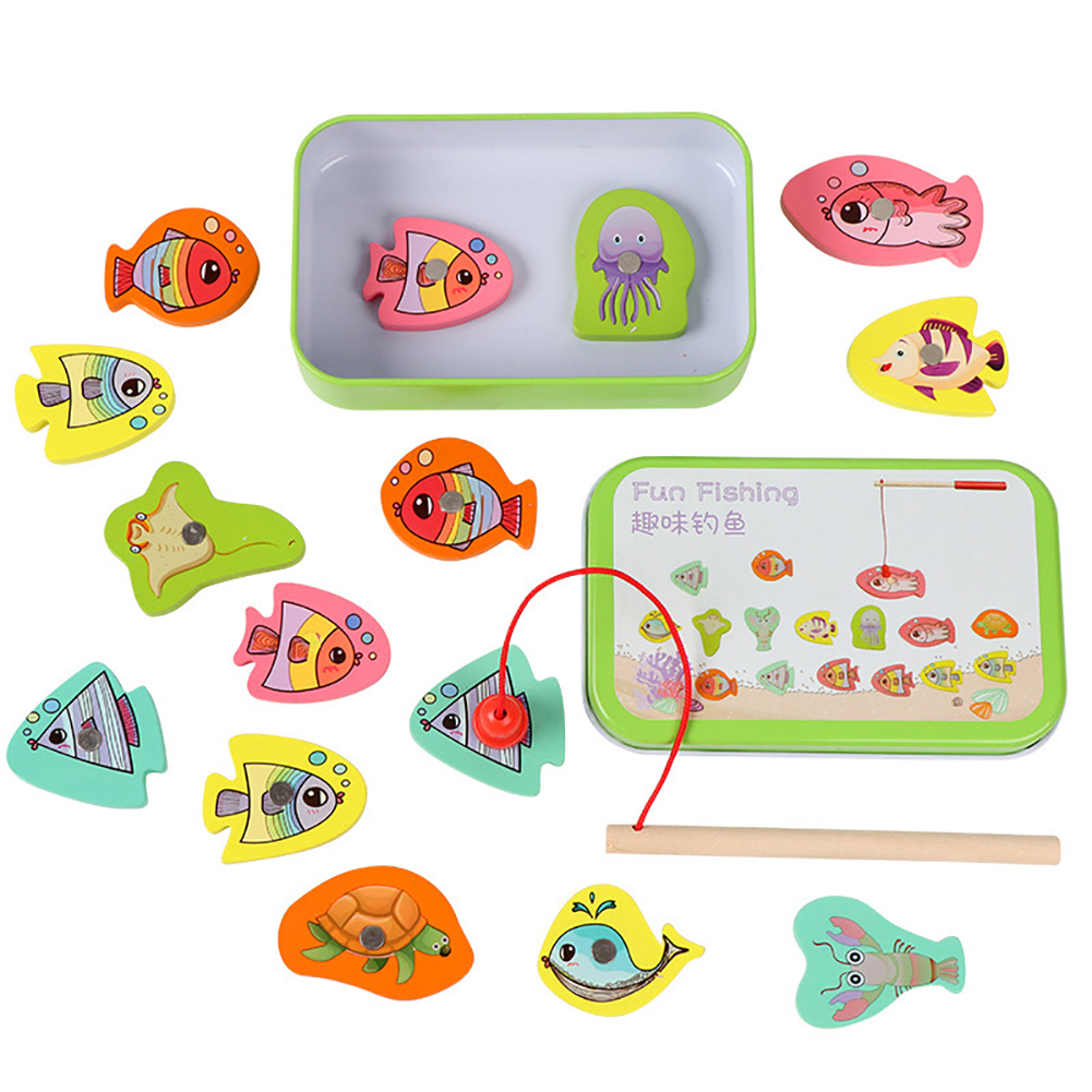 15pcs Set Wooden Magnetic Fishing Toy Baby Cartoon Marine Life Cognitive Fish Game Education Parent-Child Interaction Toy (15 Fish and 1 rod)