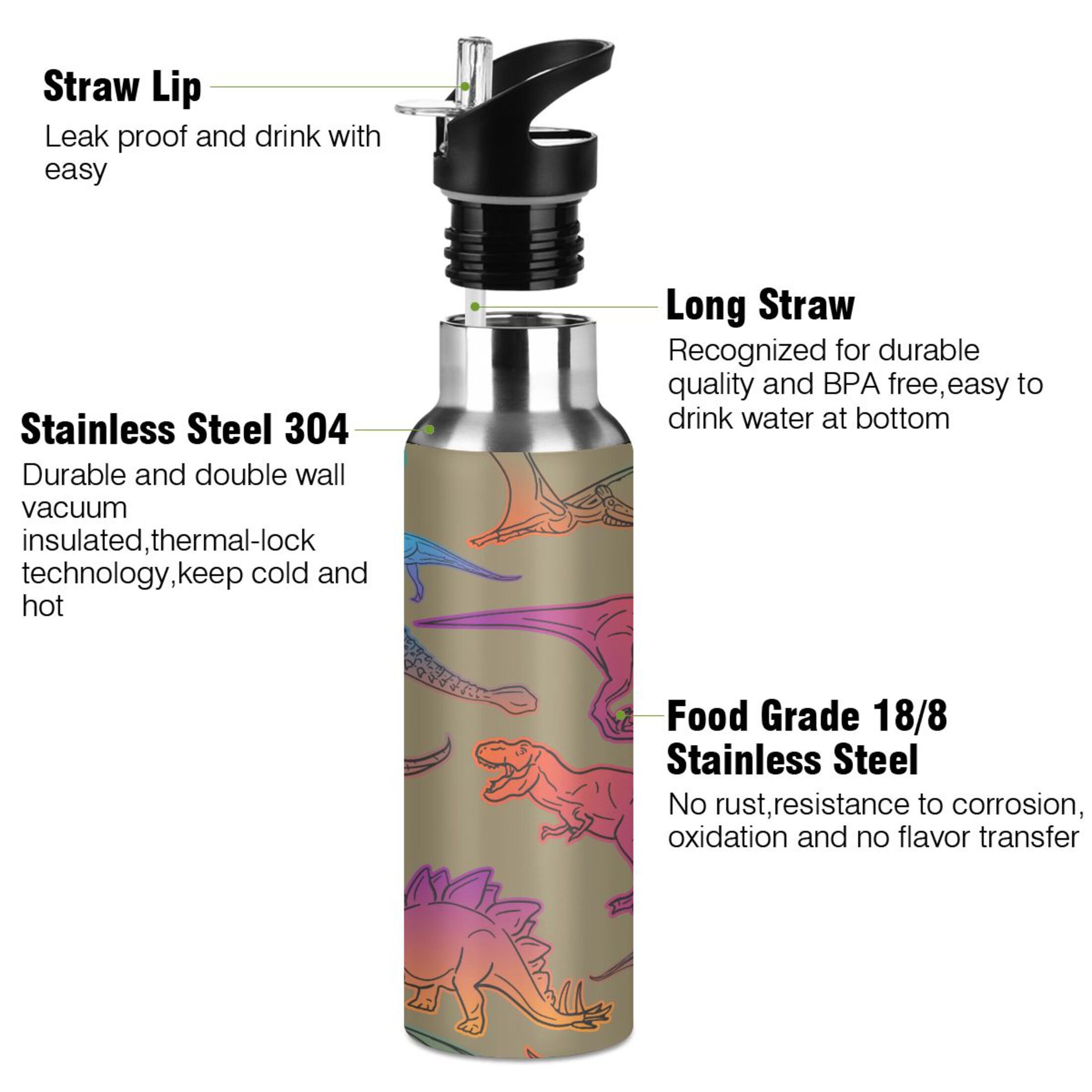 Water Bottle with Straw Lid Leak Colorful Dinosaur Stainless Steel Insulated Thermos Vacuum Flask for Cold Hot Drinking for Sports Camping Gym Yoga