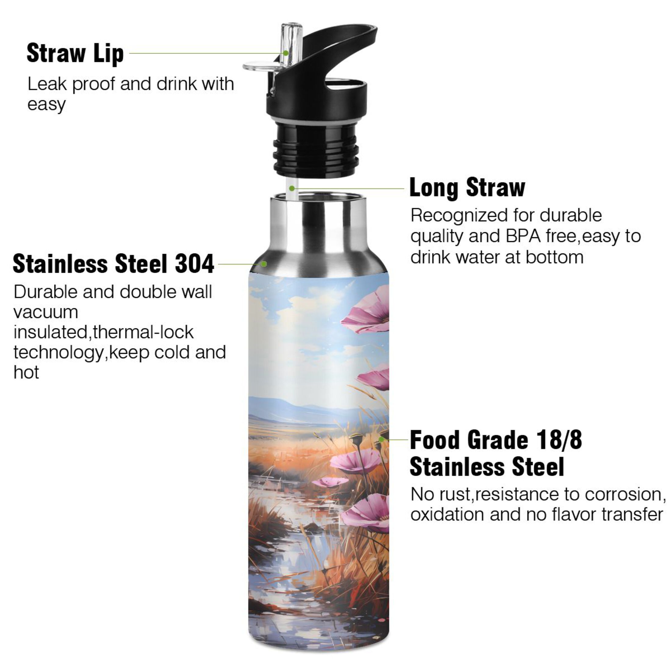 Water Bottle with Straw Lid Leak Abstract Pink Flowers Stainless Steel Insulated Thermos Vacuum Flask for Cold Hot Drinking for Sports Camping Gym Yoga