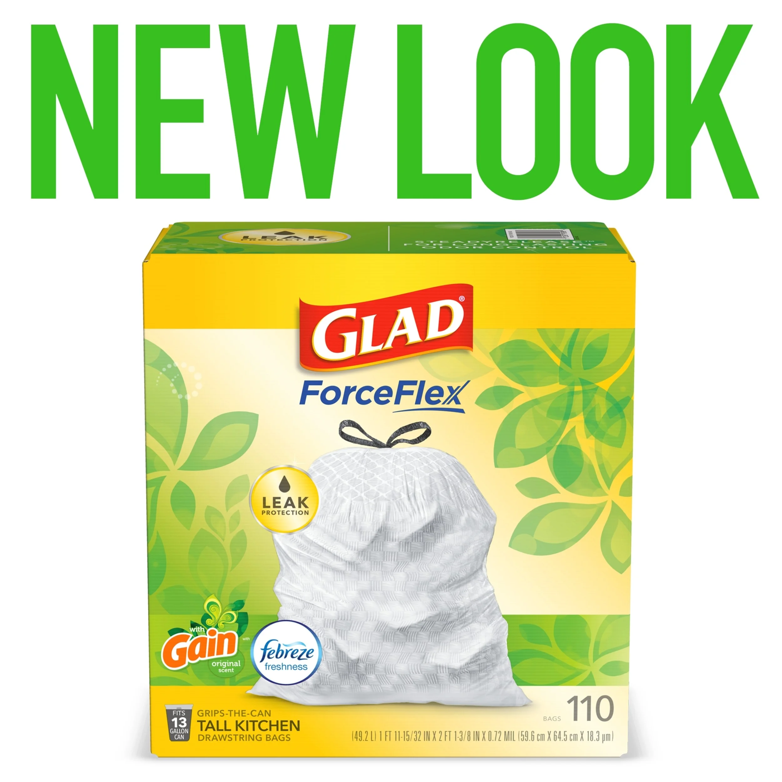 Glad ForceFlex Tall Kitchen Drawstring Trash Bags - 13 Gallon White Trash Bag, Gain Original scent with Febreze Freshness - 110 Count