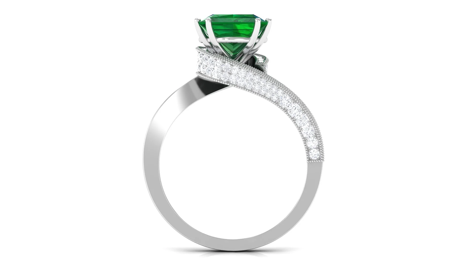Lab Grown Emerald Solitaire Ring with Diamond, Princess Cut Ring - 8 mm, 925 Sterling Silver, US 10.00