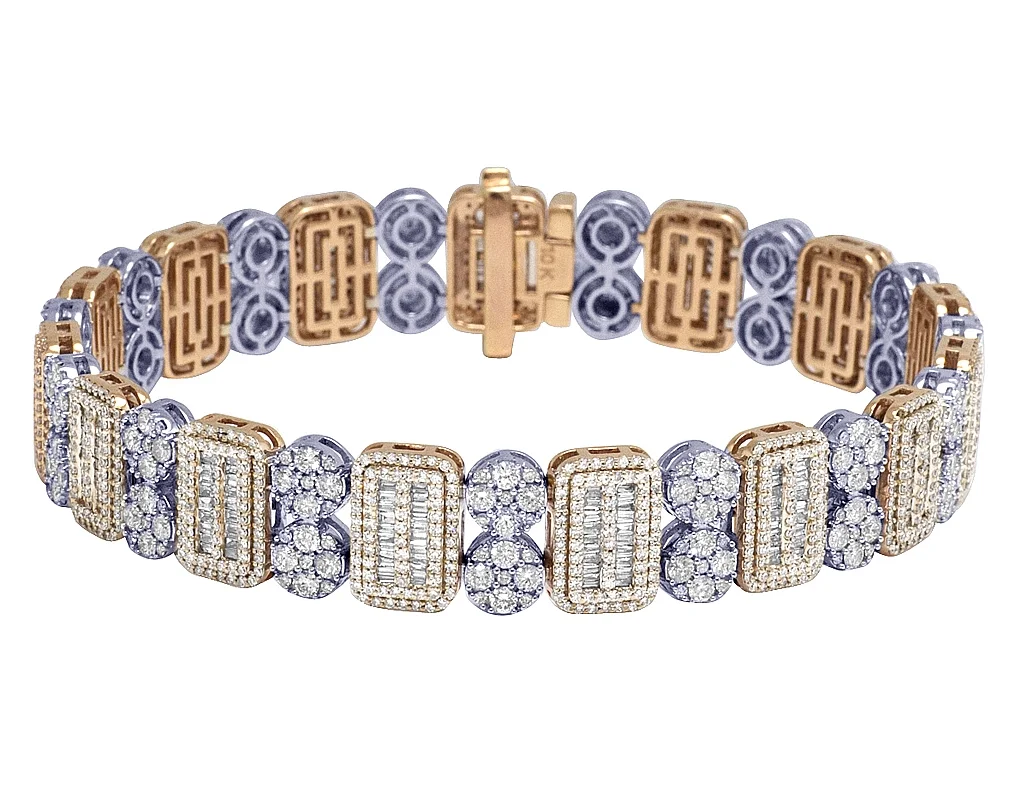 10K Two Tone Cluster Baguette Rectangle Diamond Bracelet 11.75CT  12MM 8.5