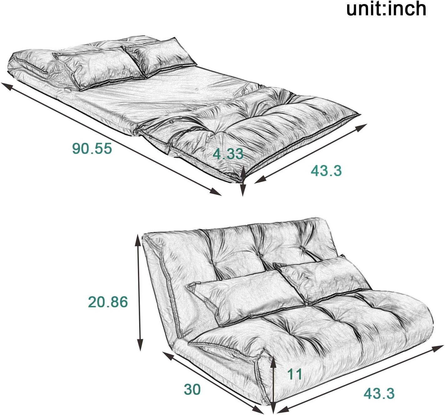 Adjustable Floor Sofa Bed With 2 Pillows , Folding Futon Couch Leisure Lazy Sofa With 5 Reclining Position, PU Floor Sofa For Reading Or Gaming In Bedroom/Living Room/Balcony,Black