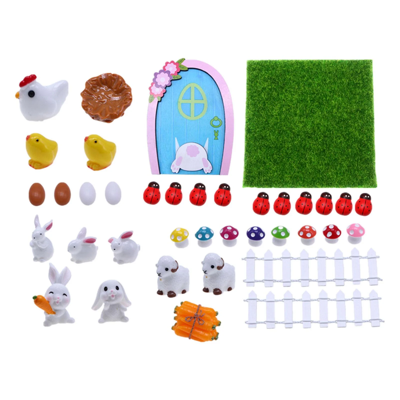 1:12 Scale Dollhouse Easter Decoration Rabbit, Sheep, Chick, Eggs, Fence, Door and Lawn Fairy Figurines Life Scene Pretend DIY Crafts Decor