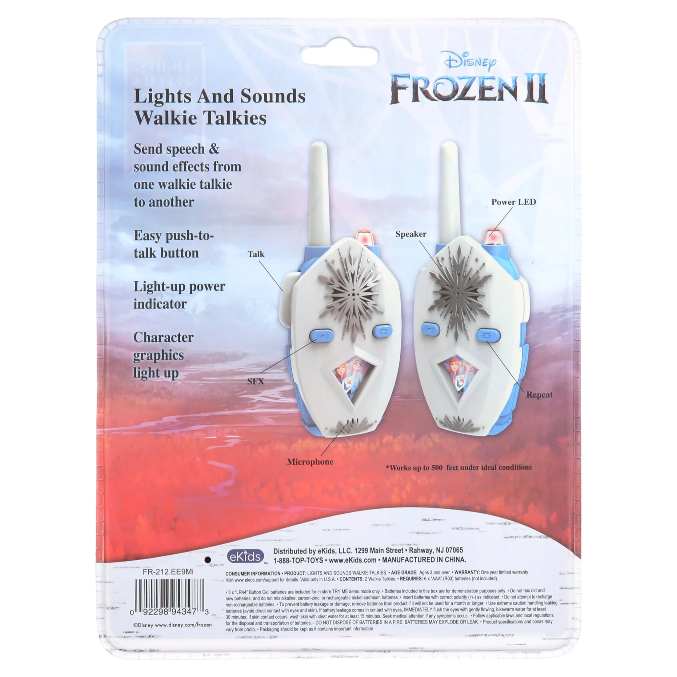 Disney Frozen Light-Up Deluxe Walkie Talkies for Girls Ages 3 Years and Up. Push to Talk Function. Power On / Off Switch.