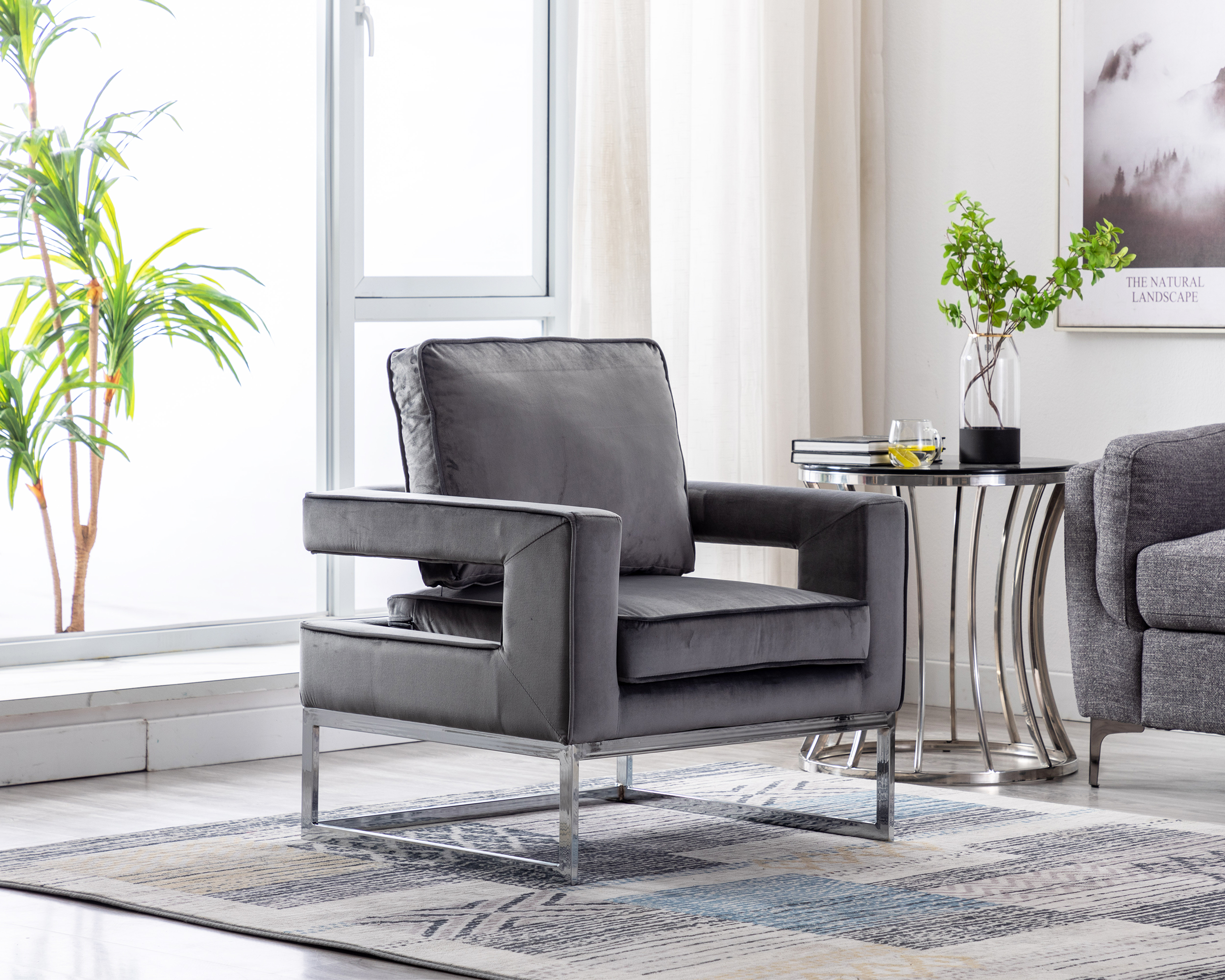 Velvet Armchair Upholstered Club Barrel Chair Modern Accent Chair Comfy Single Sofa Chair Corner Chair with Open Back/Chrome Base for Living Room/Bedroom, Grey