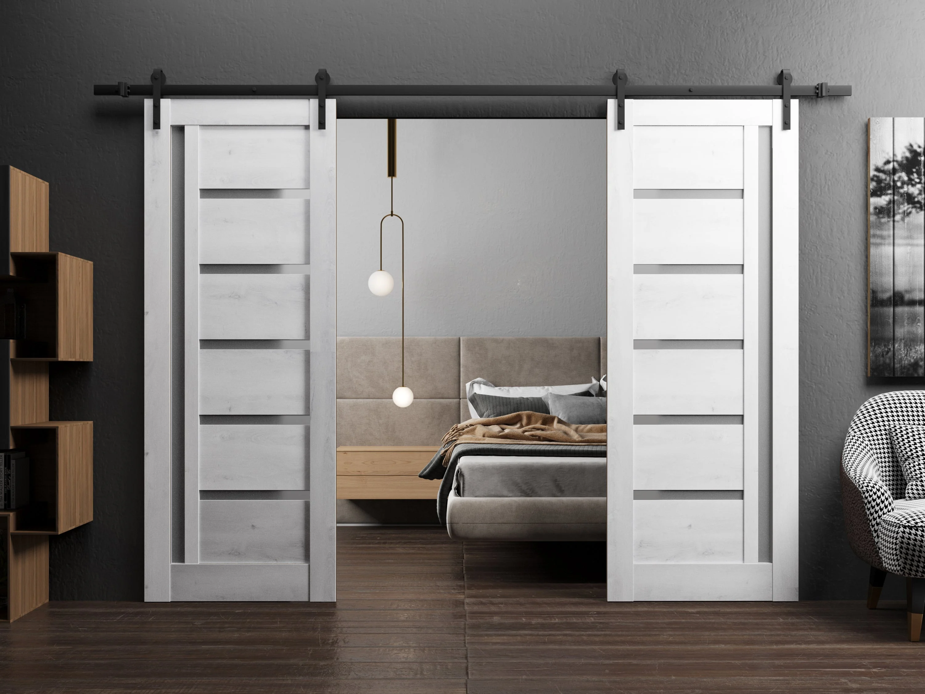 Sturdy Double Barn Door 36 x 84 inches | Quadro 4088 Nordic White with Frosted Glass | Stainless Steel 13FT Rail Hangers Heavy Set | Solid Panel Interior Doors