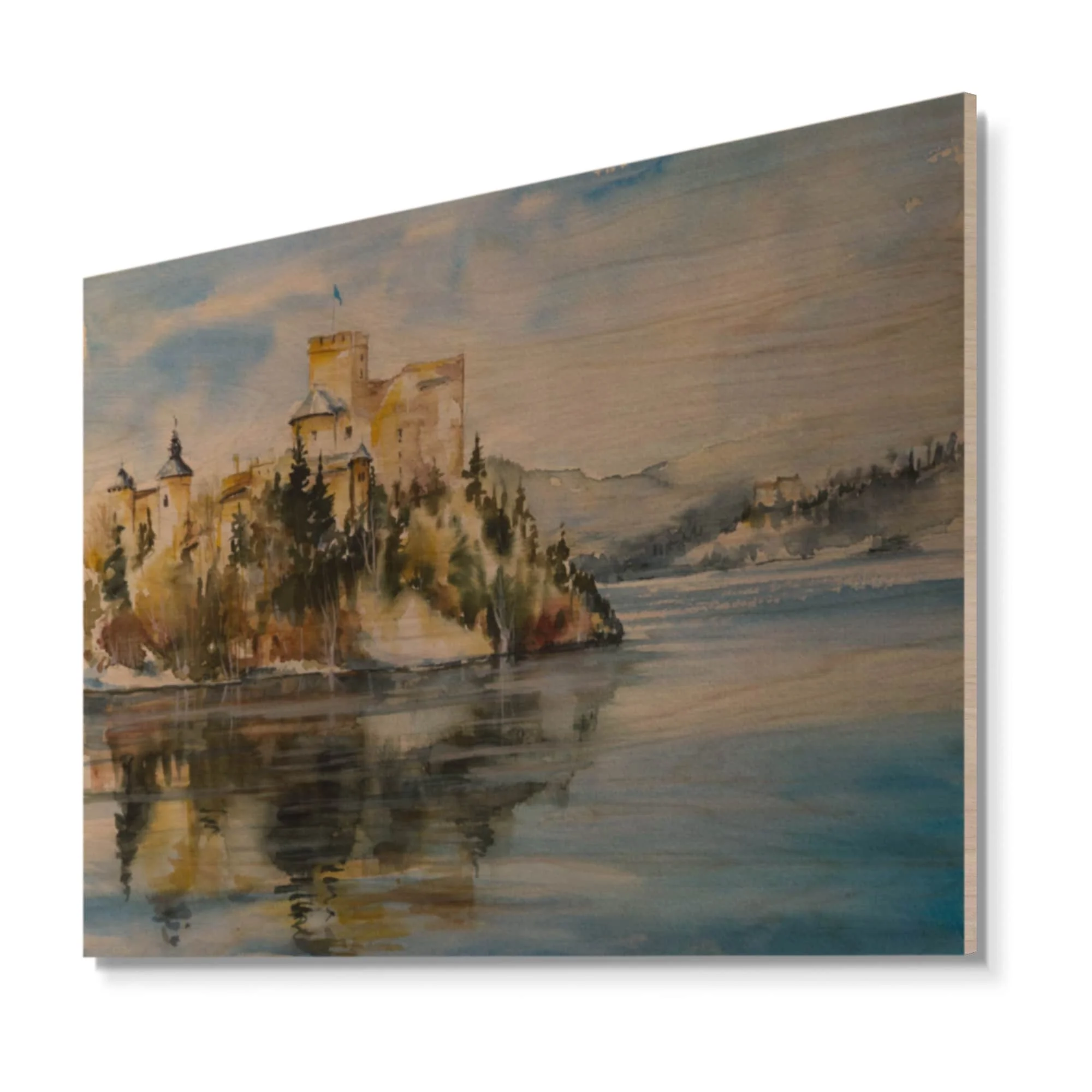 DESIGN ART Designart 'Castle On Lake Illustration' Traditional Wood Wall Art Panels - Natural Pine Wood 36 In. wide X 24 In. high