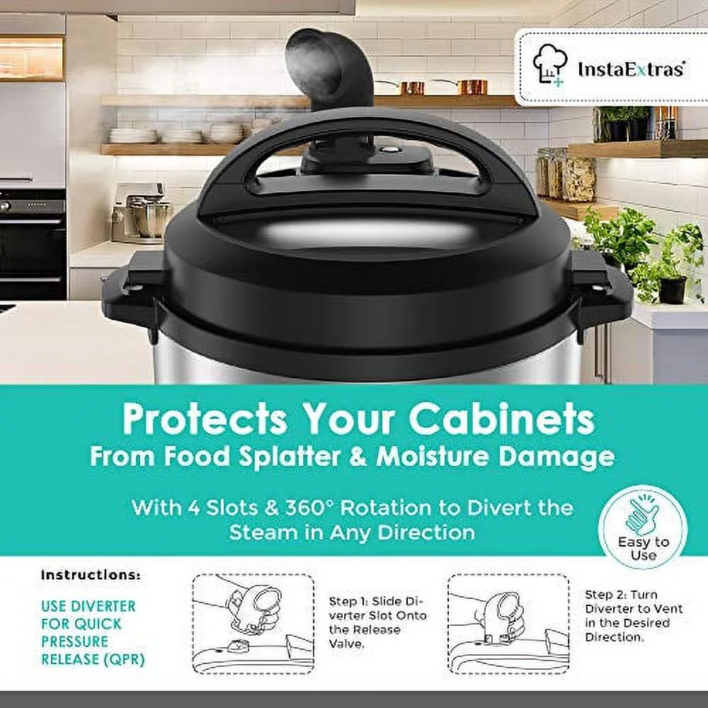 Silicone Steam Release Diverter Accessory - Compatible With Instant Pot LUX, SV, Evo, Ninja Foodi, Crockpot, Power Cooker XL, 3 6 8 Quart IP - Cover Pressure Valve To Vent Steam For Instapot (Black)