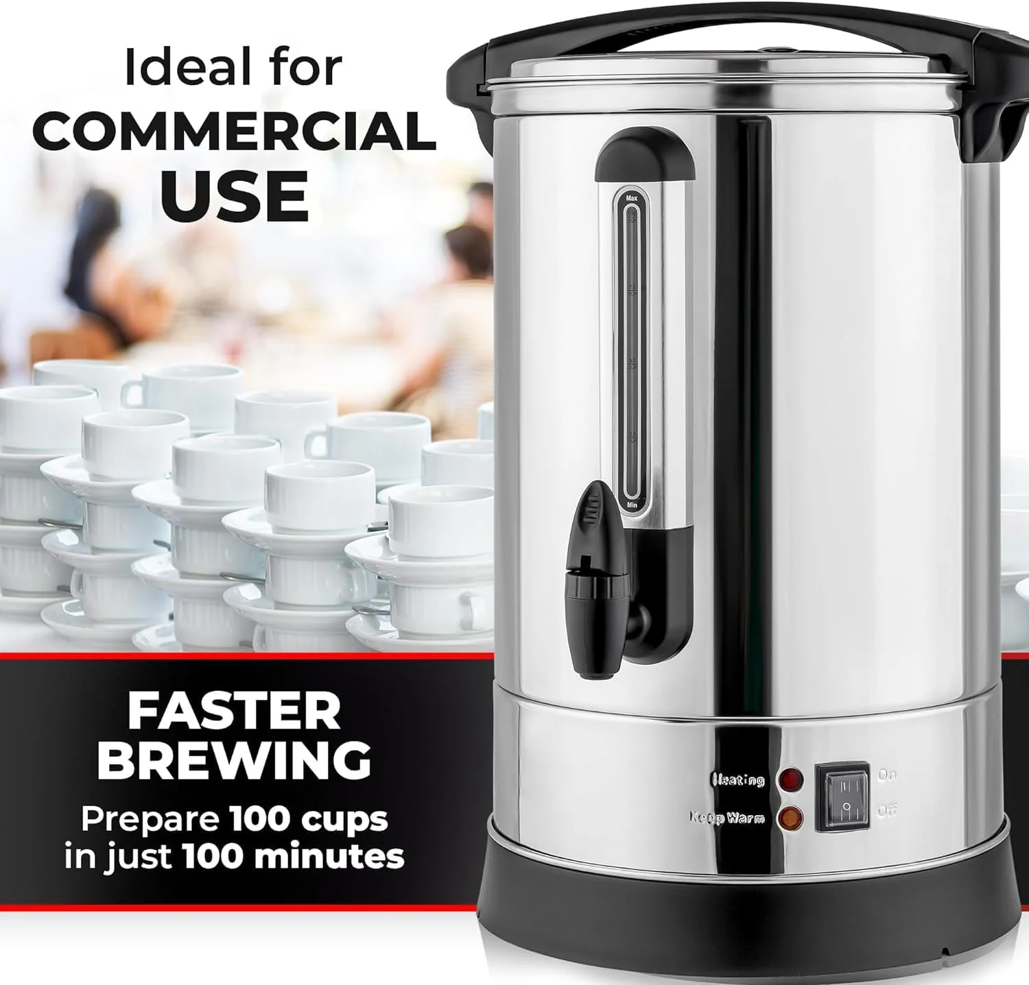 100 Cup Commercial Coffee Urn & Hot Beverage Dispenser - BPA-Free Hot Water Urn for Catering - Two Way Dispenser With Cool Touch Handles - Quick Brewing Percolator