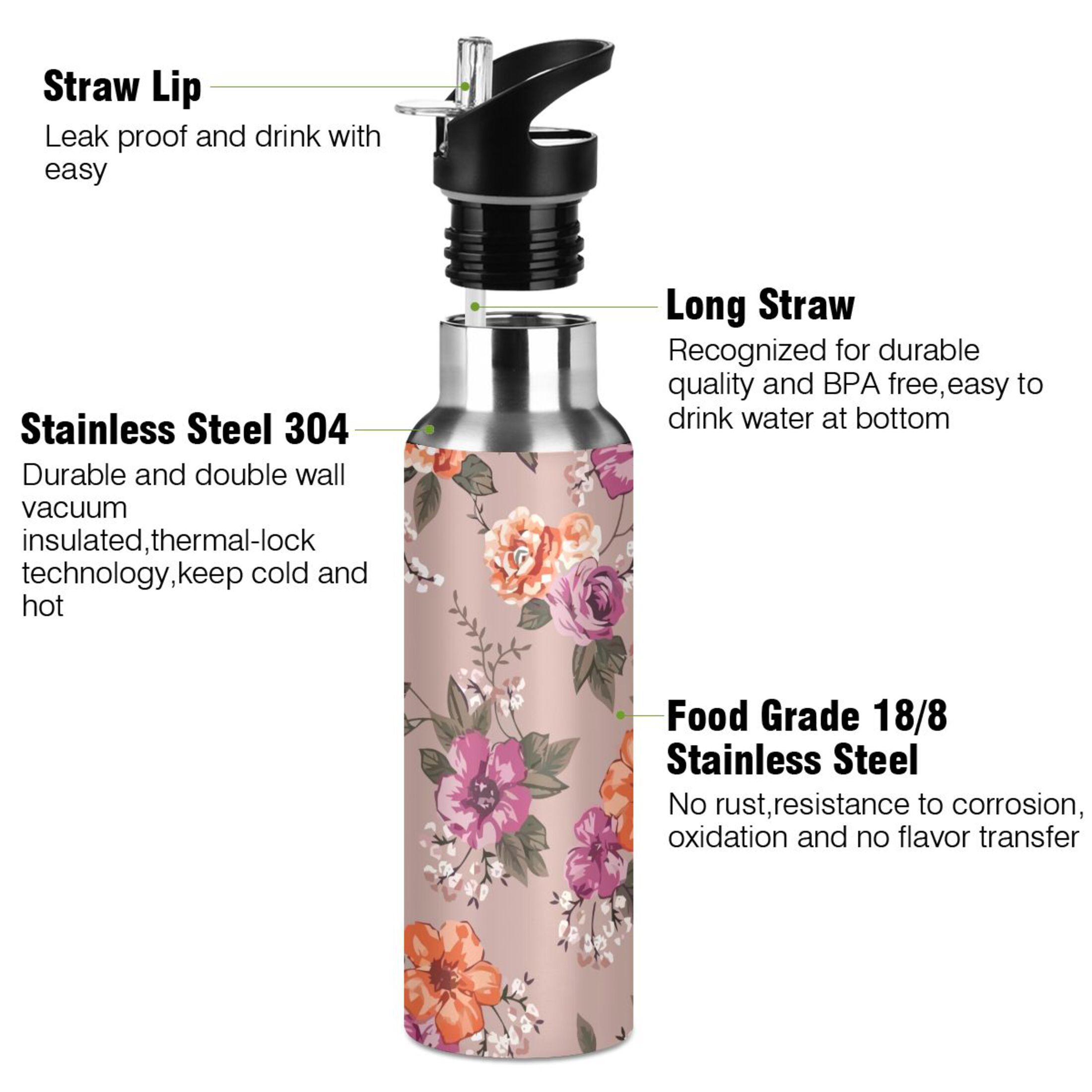 Water Bottle with Straw Lid Leak Beautiful Abstract Floral Flowers Stainless Steel Insulated Thermos Vacuum Flask for Cold Hot Drinking for Sports Camping Gym Yoga