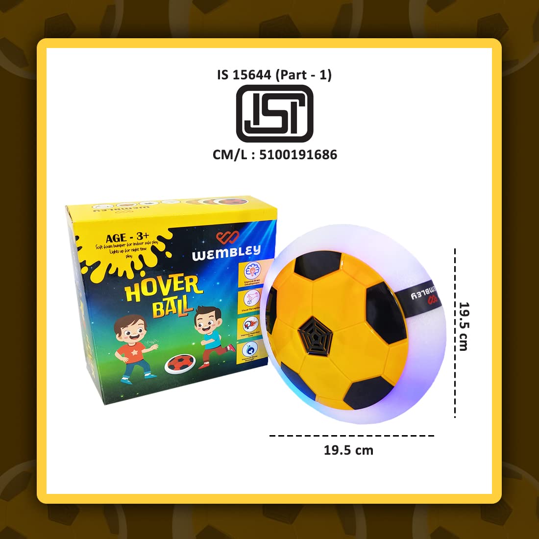 Wembley C-Type Usb Rechargeable Battery Powered Hover Football Indoor Electric Floating Hover Ball | Smart Air Football | Made In India Fun Game Toys For Boys And Girls B