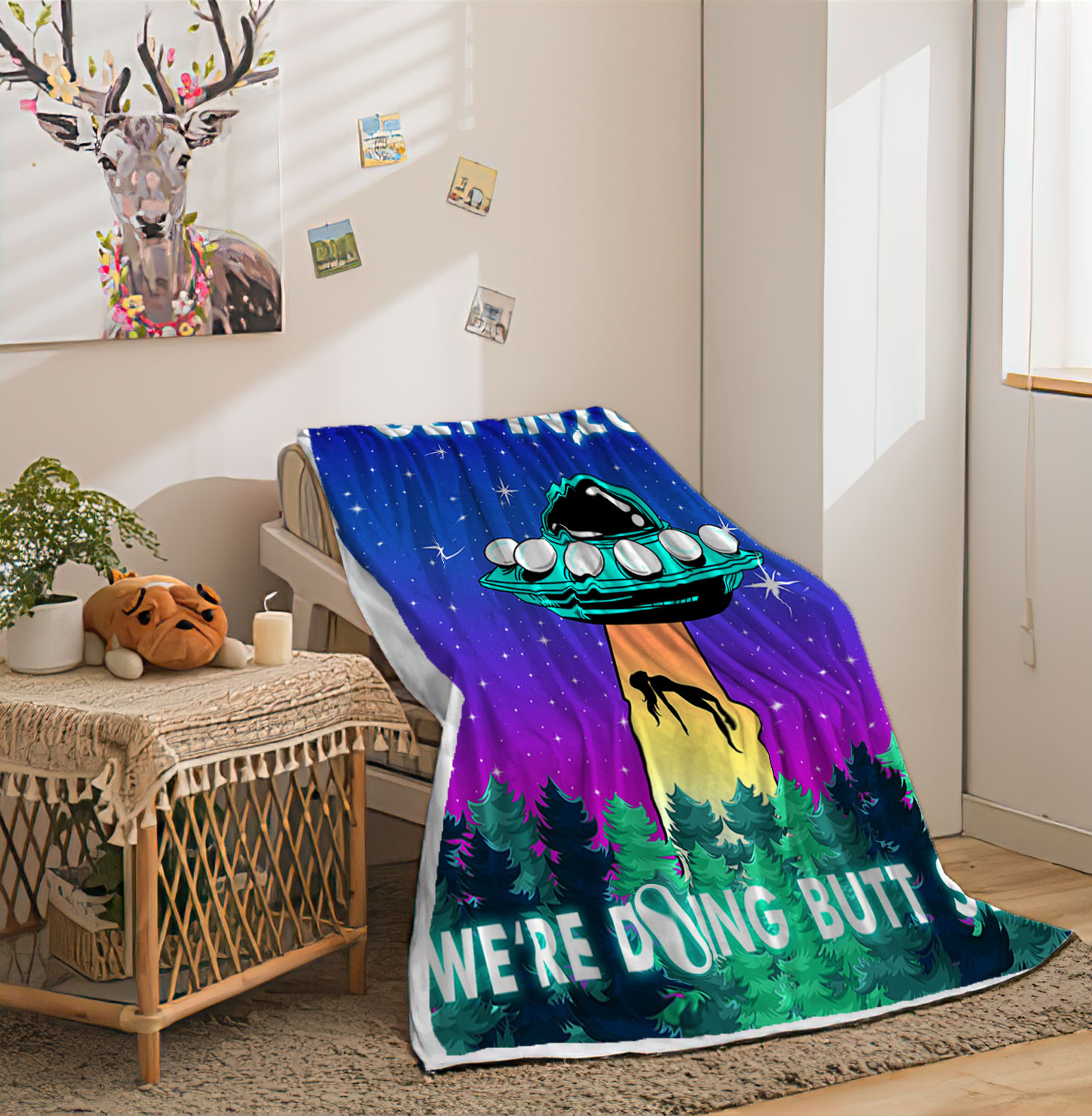 Funny UFO Soft Flannel Throw Blanket, Unique Fun Alien Purple Space Starry Sky Forest Print, Warm Bed Throw Blanket, Plush Throw Blankets for Couch Sofa Bed Throws Gozy Sofa Bed Camping Travel