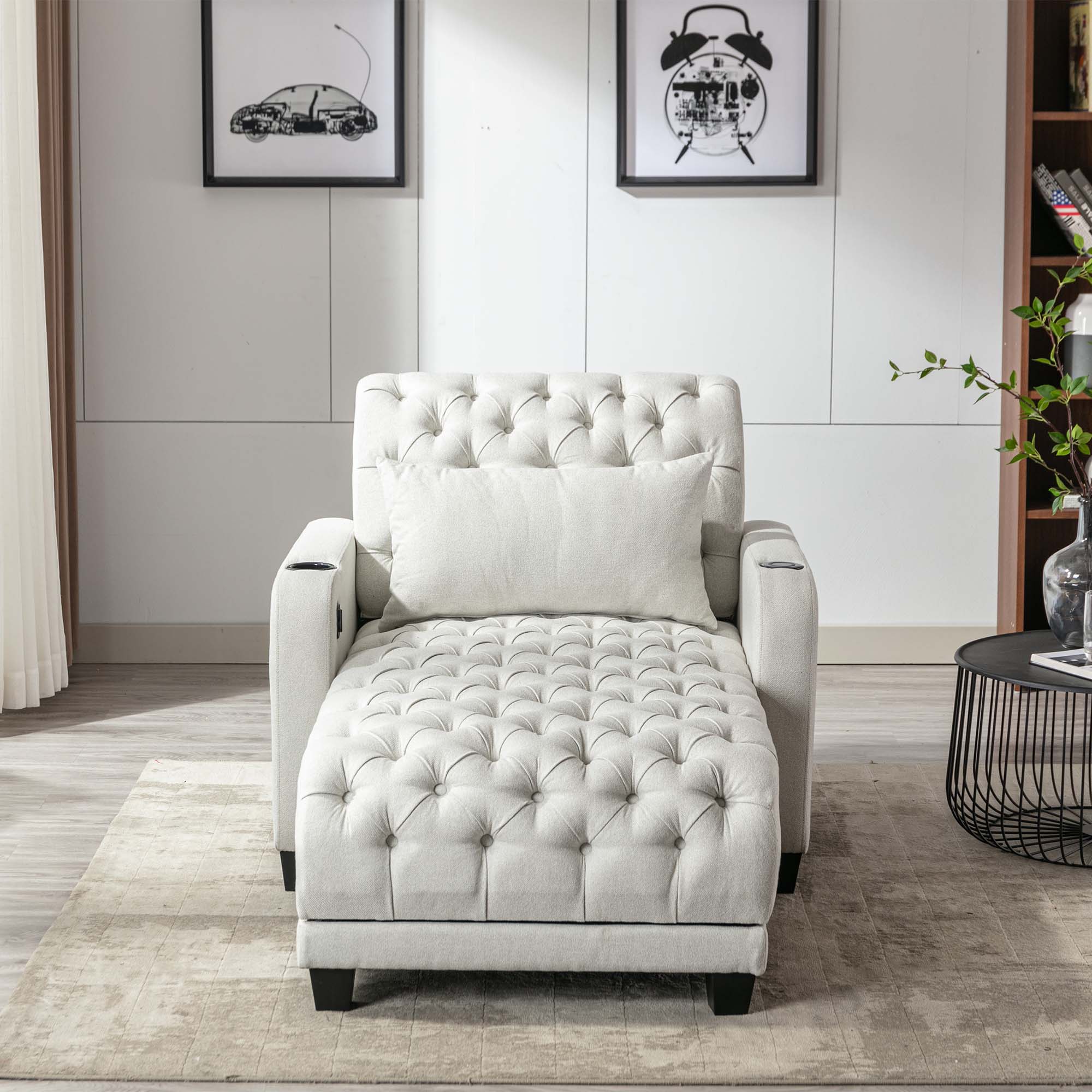 MYDENIMSKY Tufted Modern Leisure Sofa, 3 in 1 Sleeper Bed Recliner Chaise, Lounge Adjustable Barry Sofa, Accent Sofa Couch with Pillow for Living Room & Guest Room，Beige