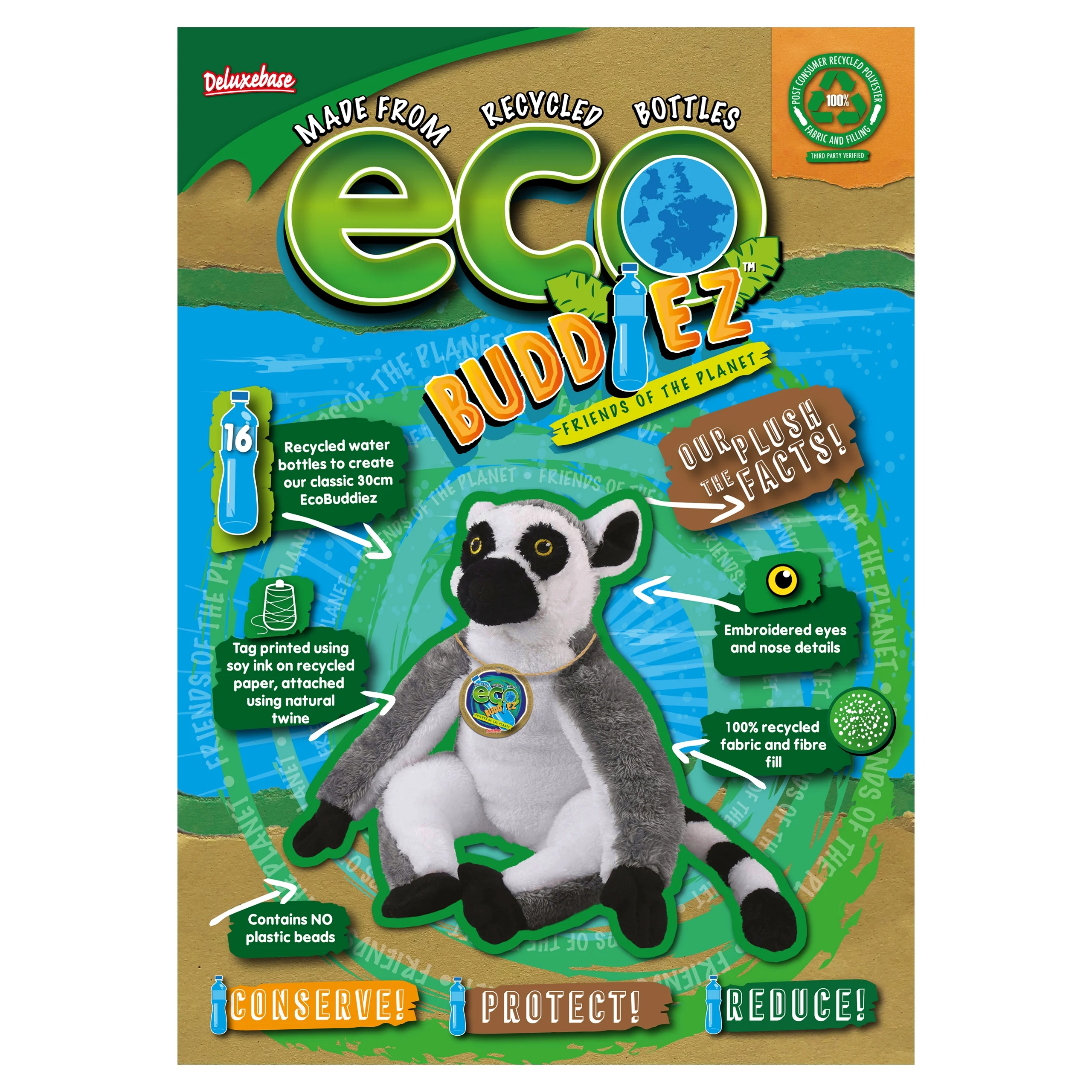 EcoBuddiez - Ring Tailed Lemur from Deluxebase. Medium 8 inch Soft Plush Toy made from Recycled Plastic Bottles. Eco-Friendly Cuddly Gift for Kids and Cute Animal Soft Toy for Toddlers.