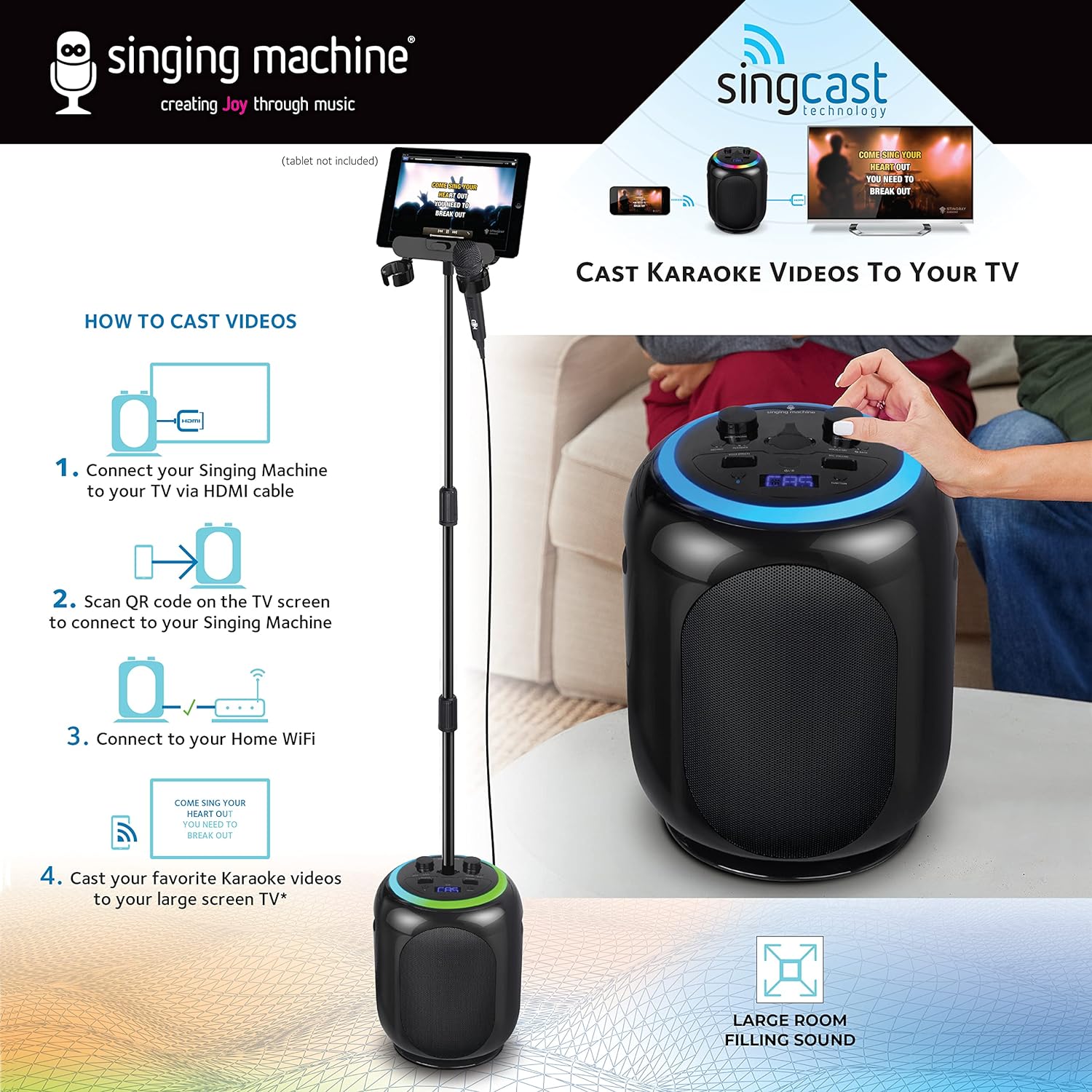 Singing Machine Sing Cast Max Stand-Alone Karaoke Machine, Stand, & LED Lights, Black, SMC2035