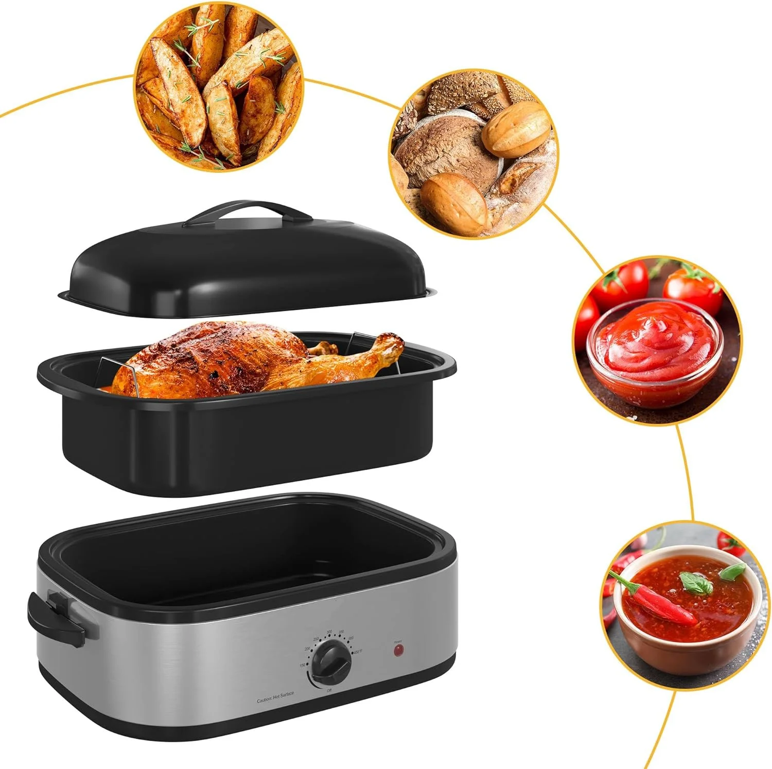 14 Quart Electric Roaster Oven, Turkey Roaster Oven with Self-Basting Lid, Stainless Steel Roaster Pan, Silver