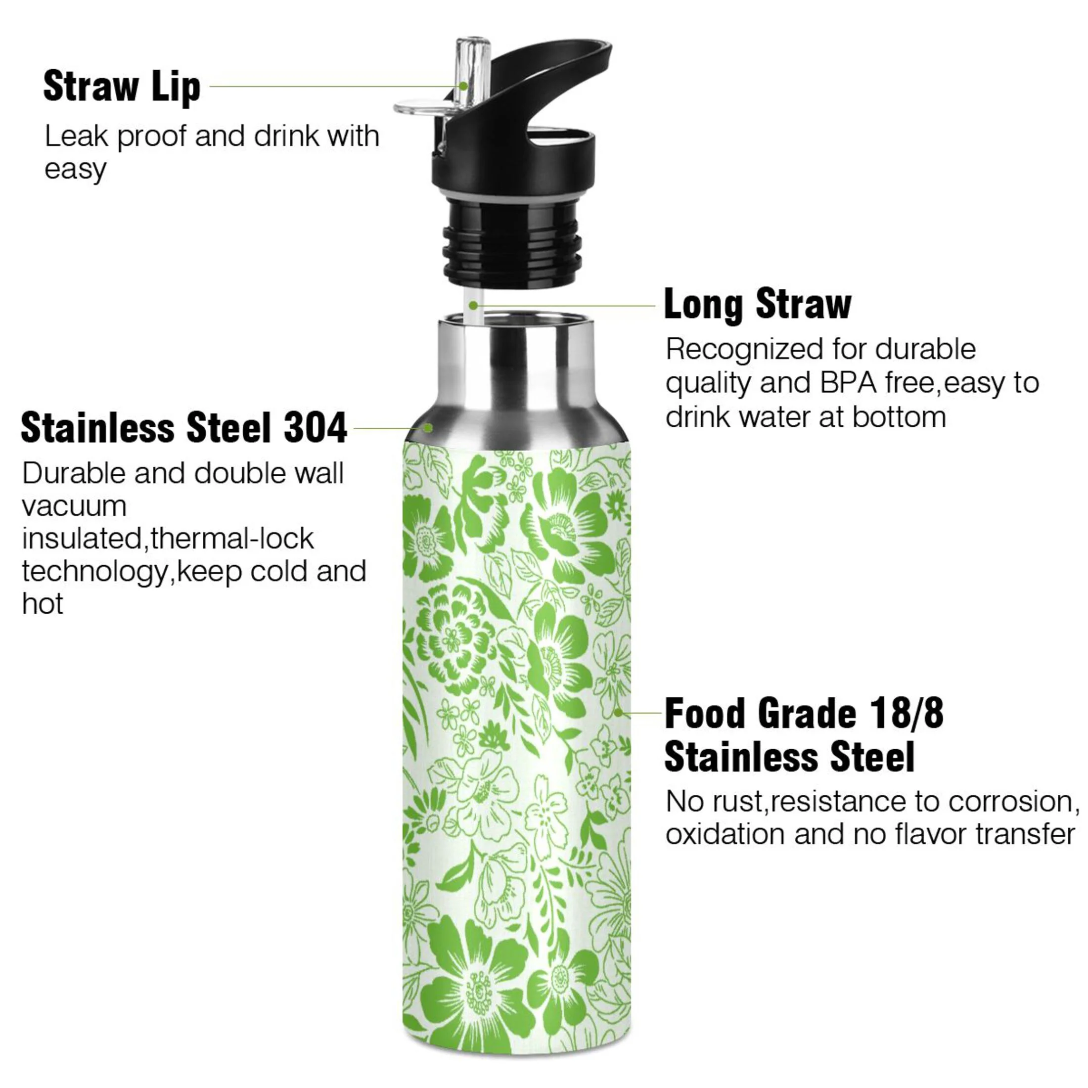 Water Bottle with Straw Lid Leak Peony Flowers Green Stainless Steel Insulated Thermos Vacuum Flask for Cold Hot Drinking for Sports Camping Gym Yoga